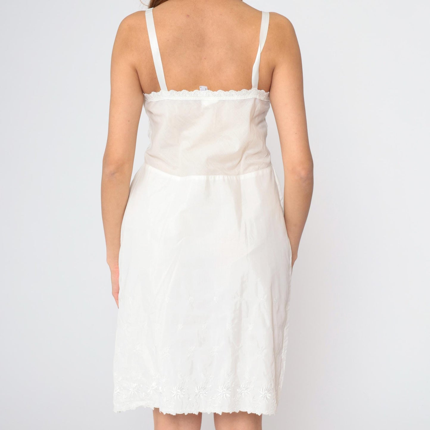 60s White Floral Embroidered Slip Dress High Waist Spaghetti Strap Mini 36