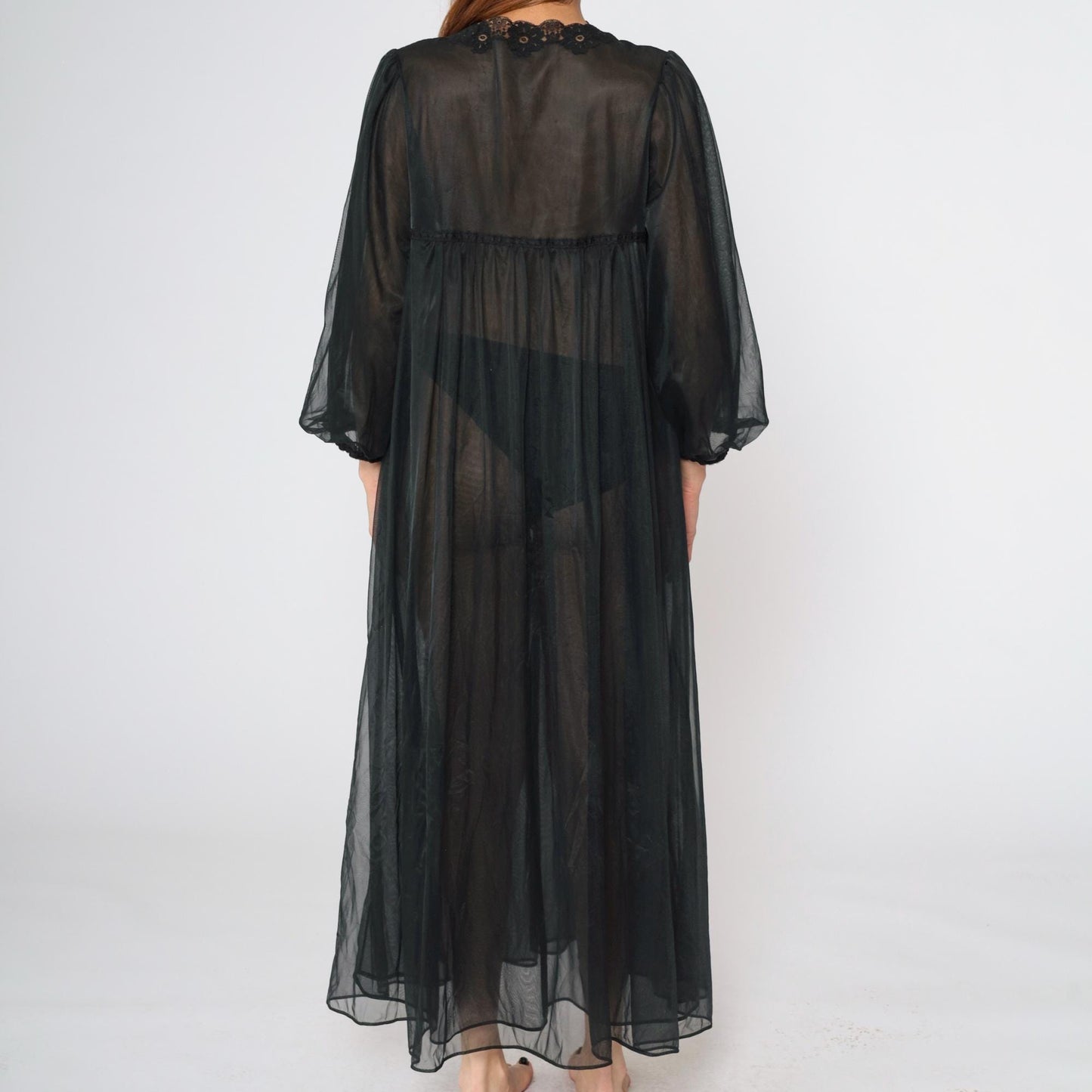 70s Gossard Artemis Black Nylon Lingerie Robe Lace Trim Maxi Medium