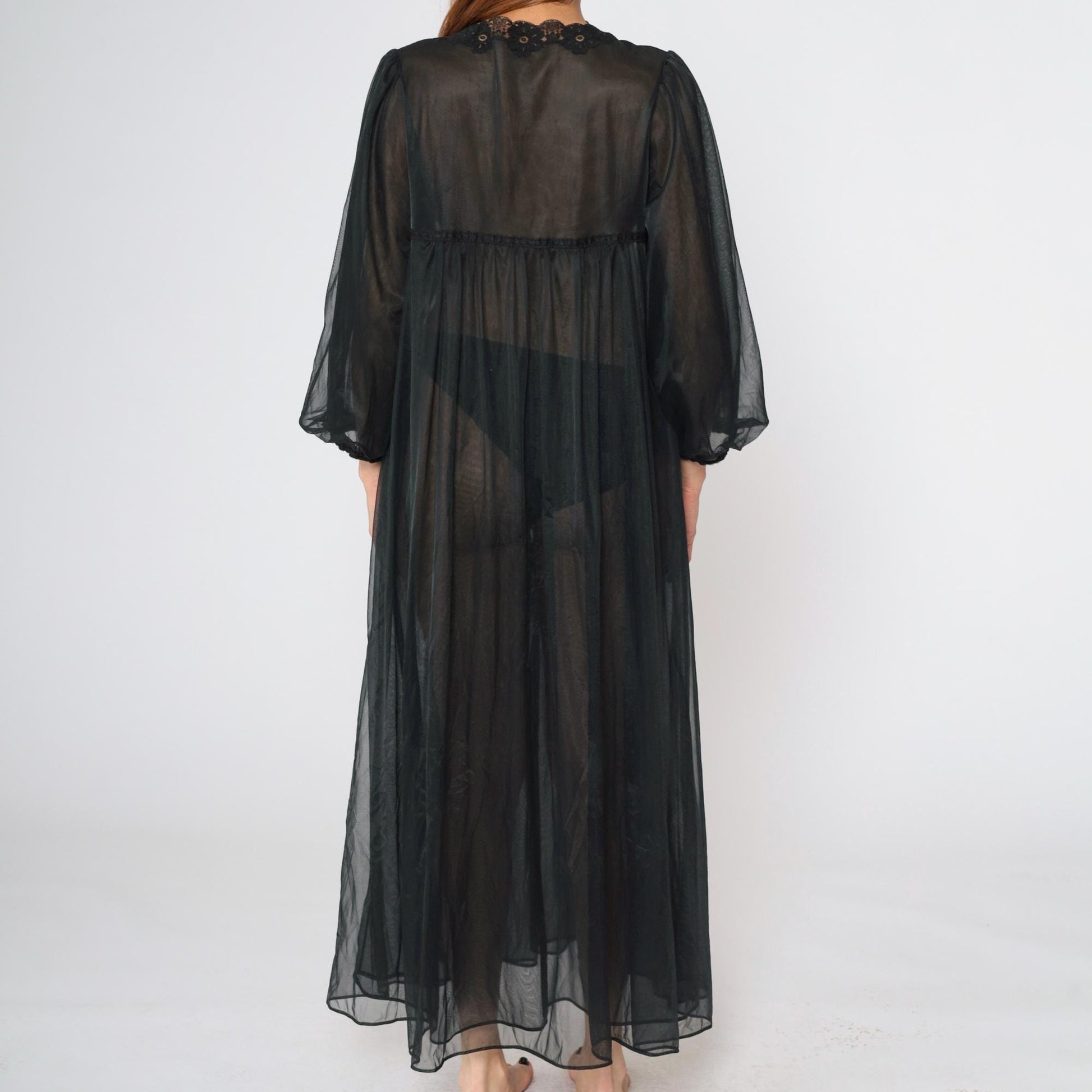 70s Gossard Artemis Black Nylon Lingerie Robe Lace Trim Maxi Medium