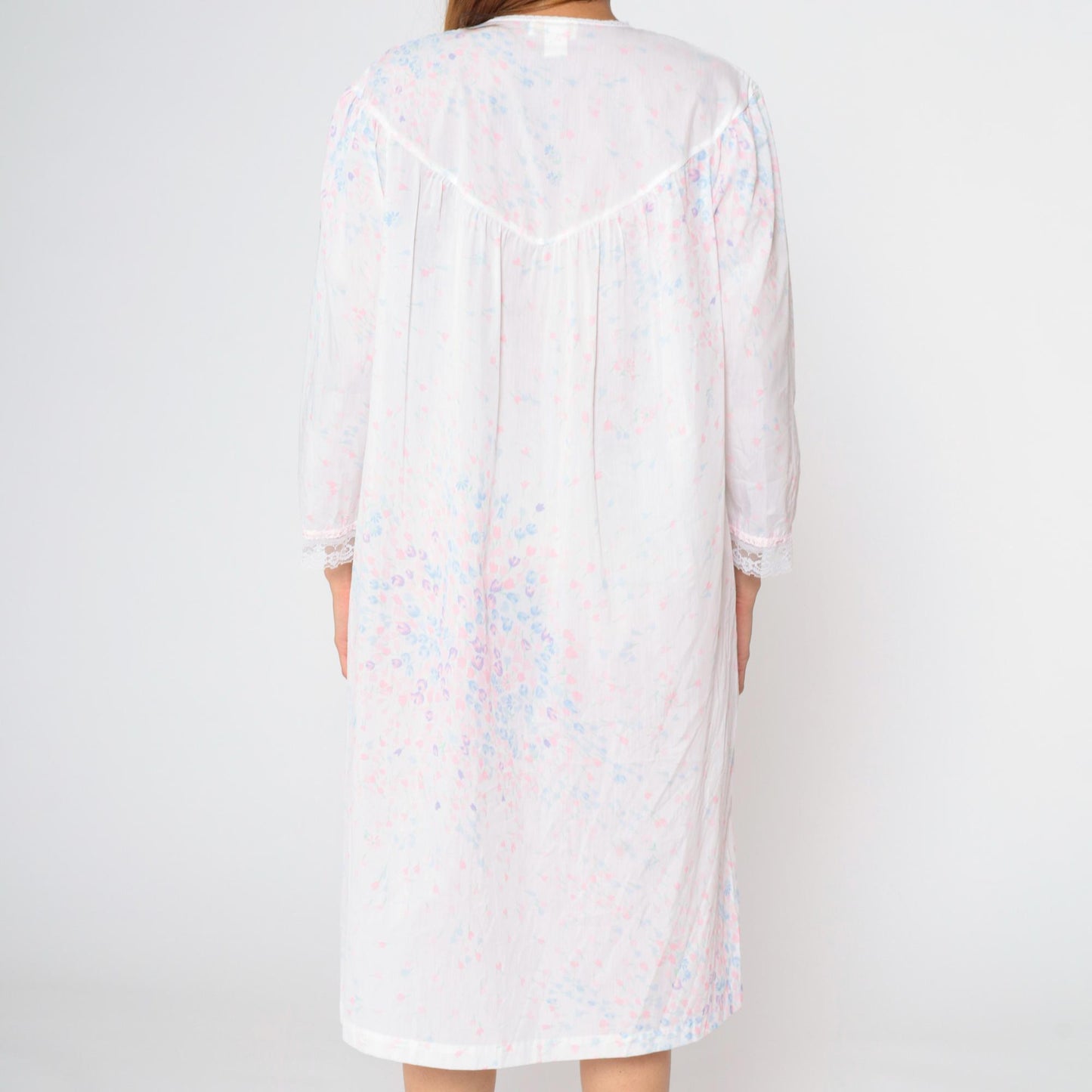 80s Barbizon Floral Button-Up Nightgown Pastel Pink Lace Trim Midi Large L