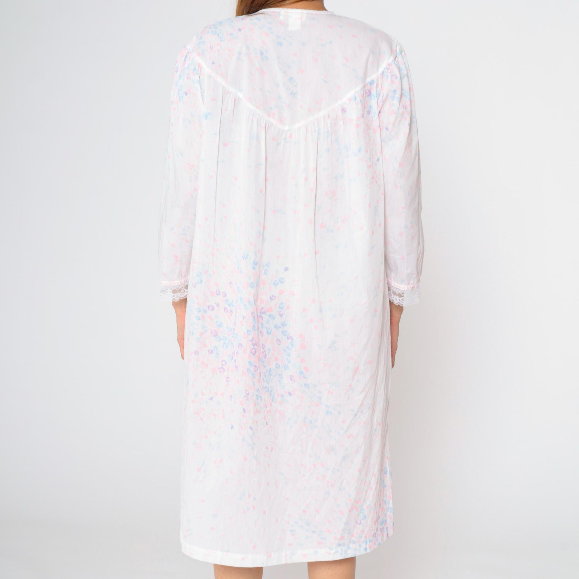 80s Barbizon Floral Button-Up Nightgown Pastel Pink Lace Trim Midi Large L