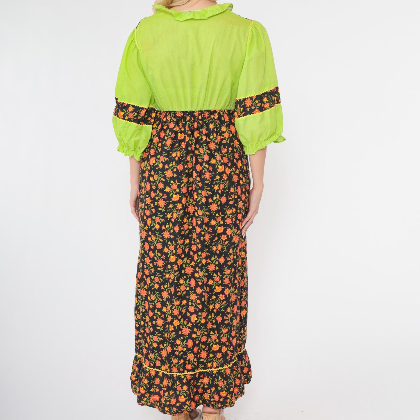70s Floral Maxi Dress Lime Green Black Orange Puff Sleeve High Waist Small