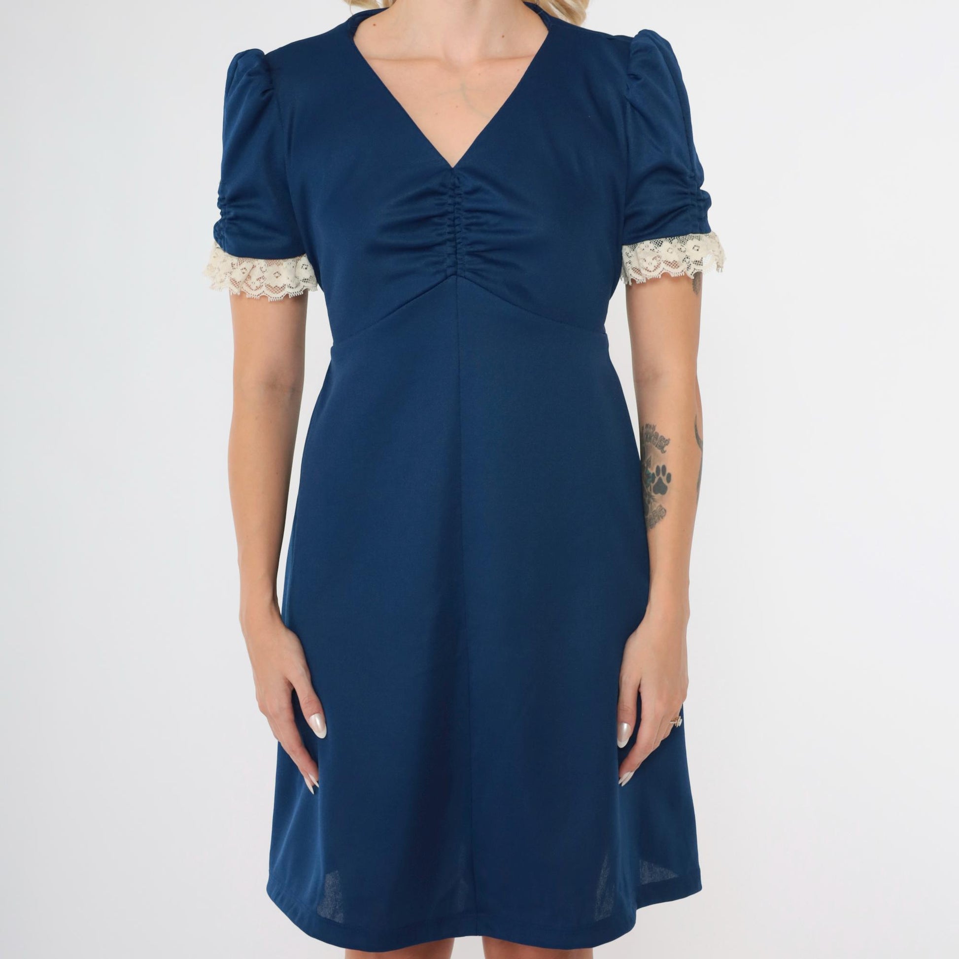 70s Navy Babydoll Mini Dress Empire Waist Puff Sleeve Lace Trim Medium
