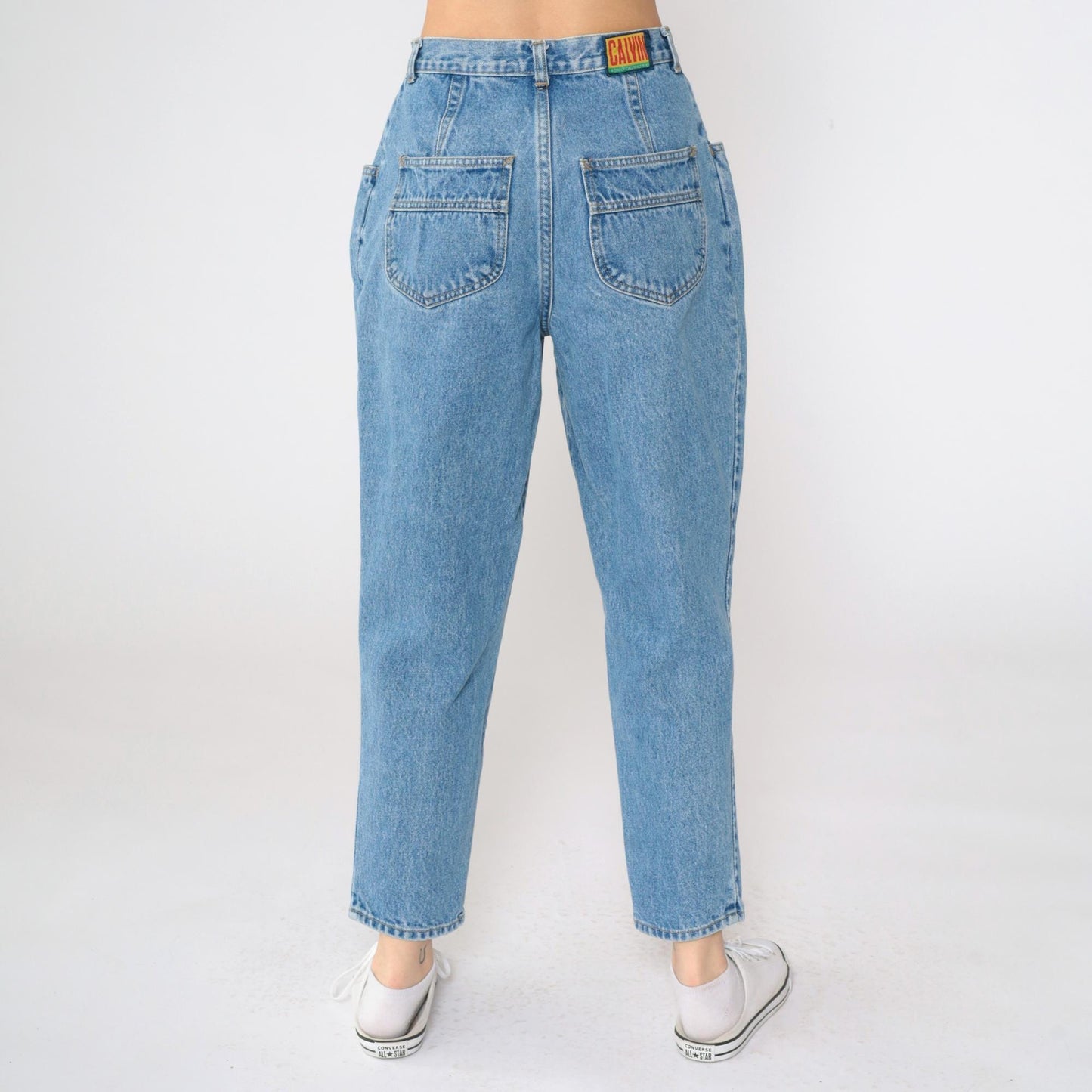 90s Calvin Klein Pleated Mom Jeans High Waisted Tapered Ankle Blue Medium
