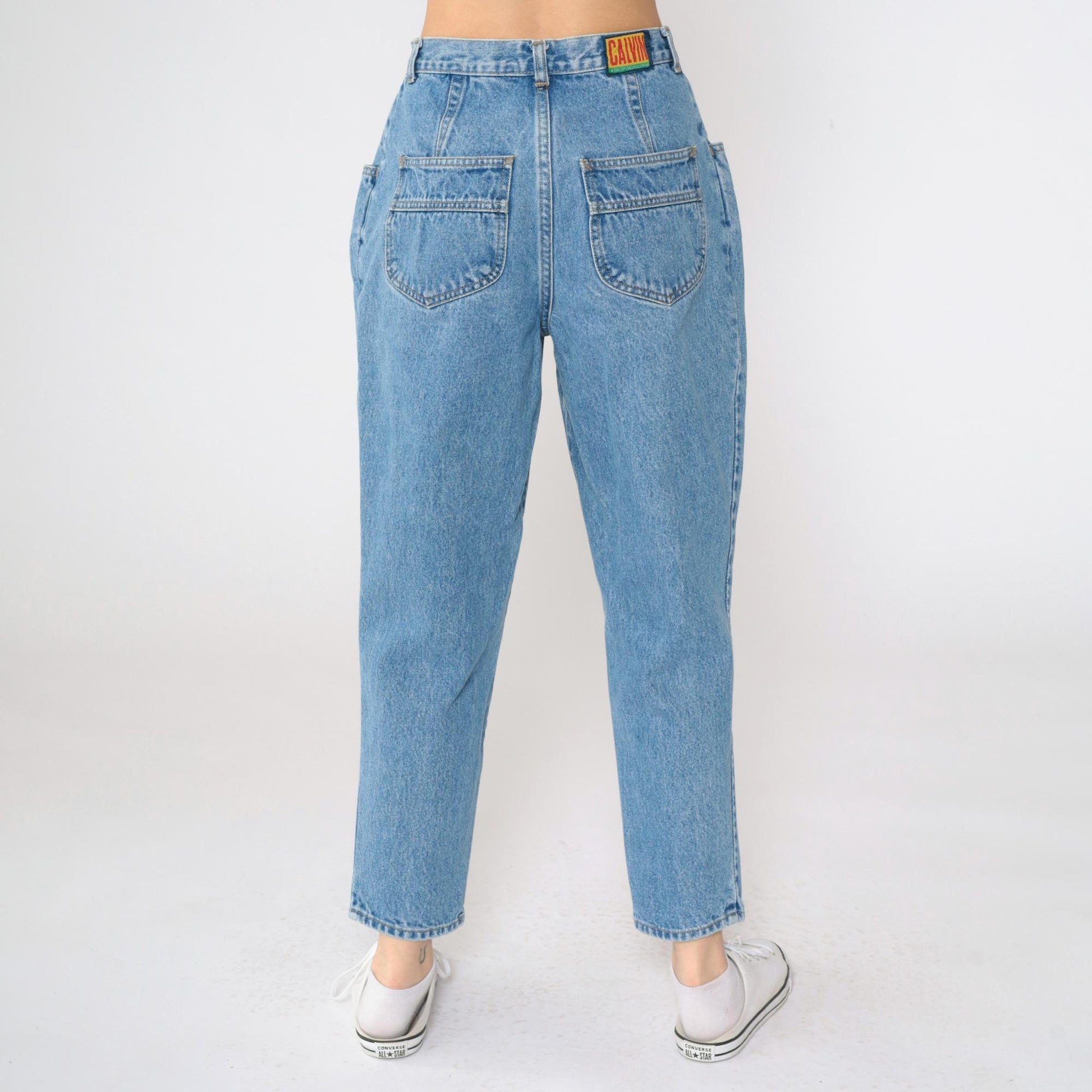 90s Calvin Klein Pleated Mom Jeans High Waisted Tapered Ankle Blue Medium