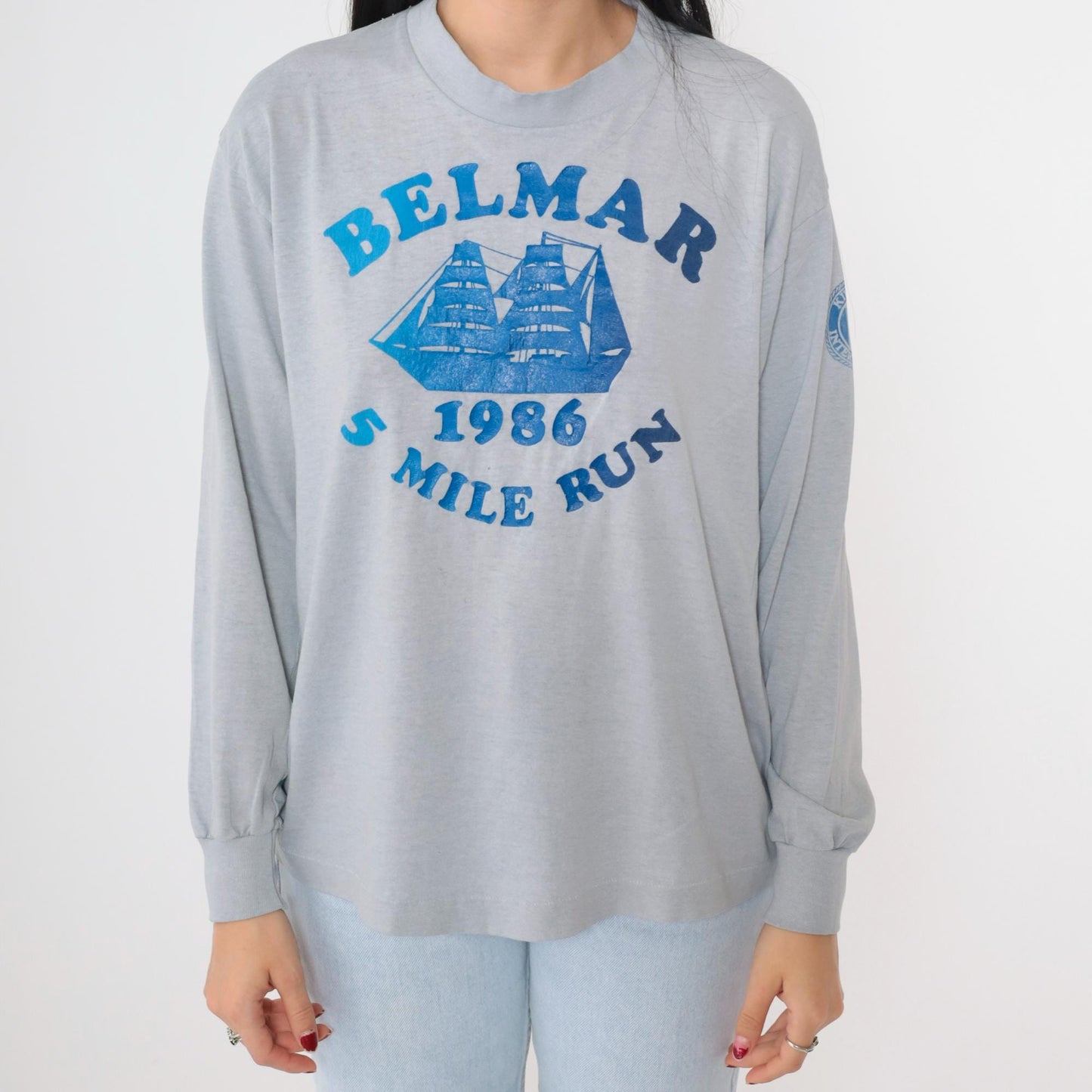 1986 Belmar 5 Mile Run Long Sleeve Graphic Tee Grey Sailboat Medium Large