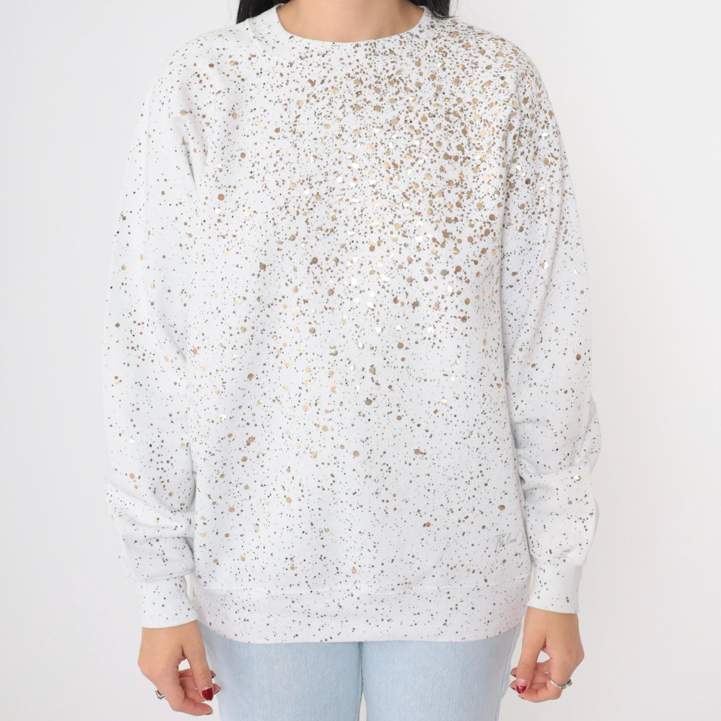 90s White Sweatshirt Gold Sequin Paint Splatter Metallic Graphic Medium