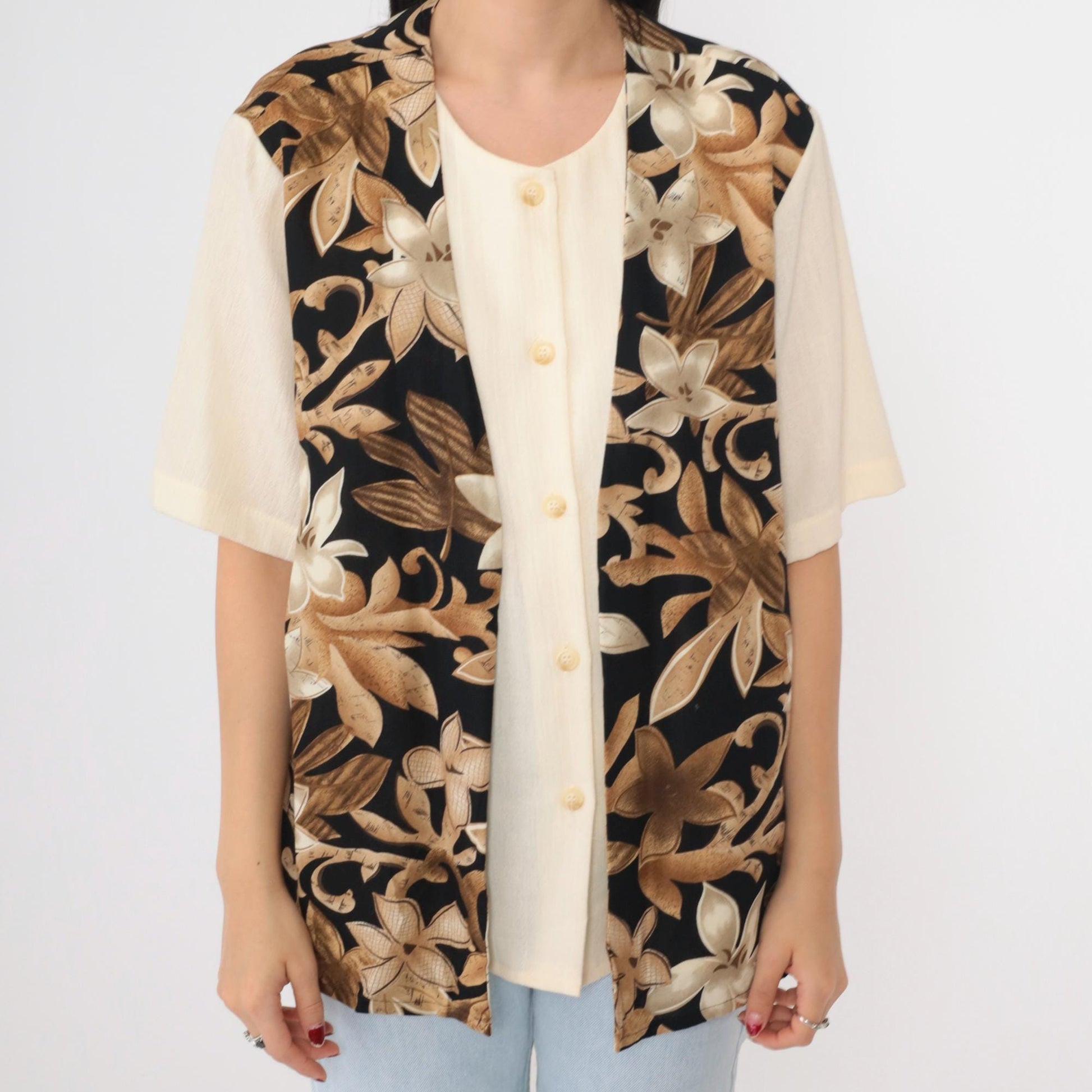 90s Alfred Dunner Floral Vest Blouse Cream Button Up Short Sleeve Large 14