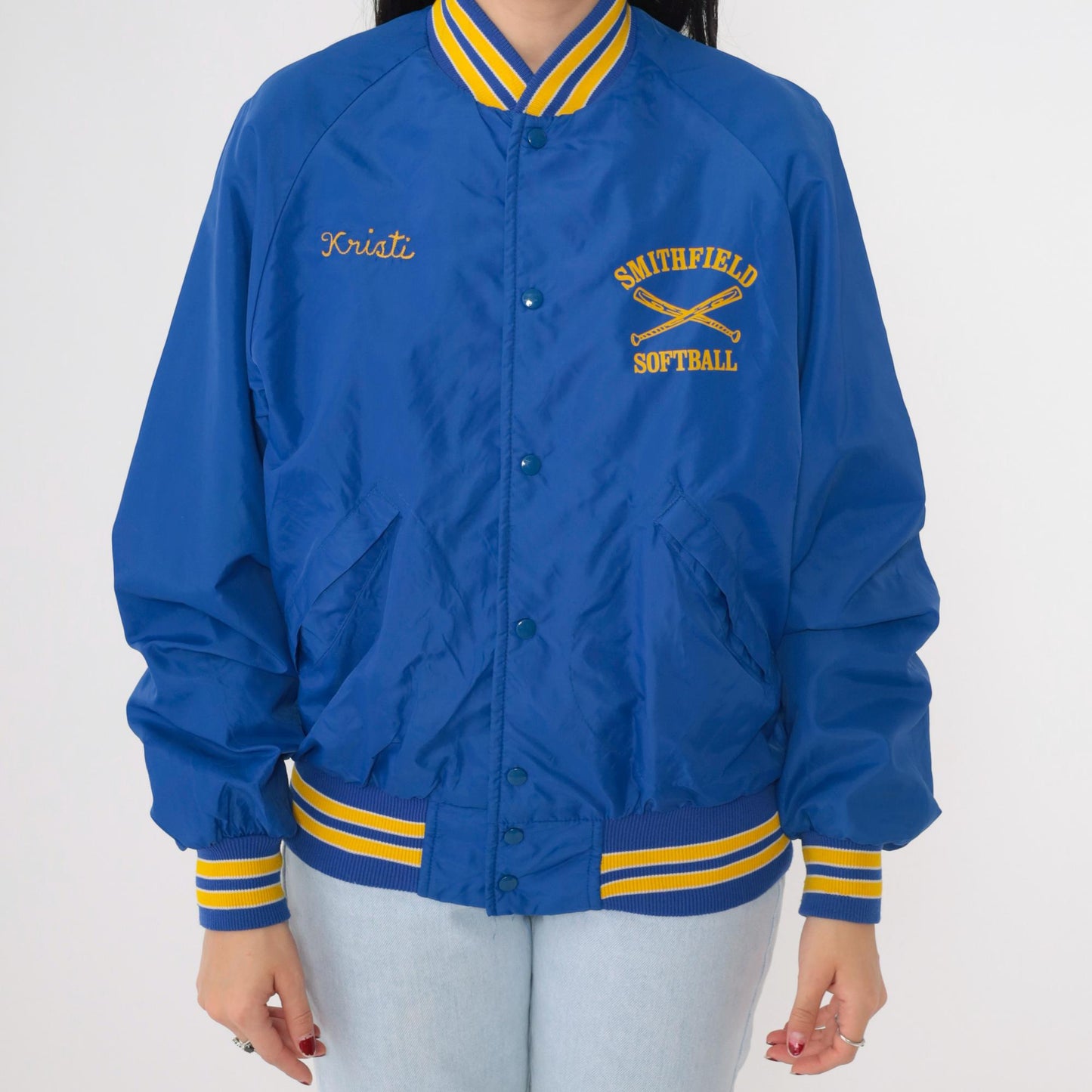 80s Smithfield Softball Bomber Jacket Blue Nylon Snap Kristi Medium