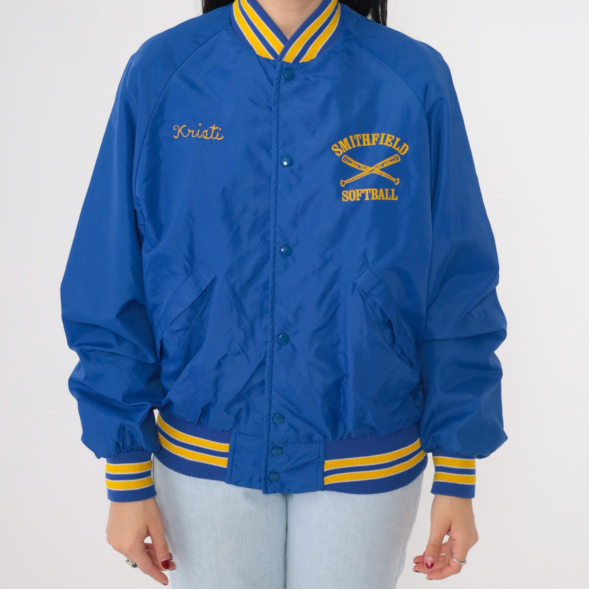 80s Smithfield Softball Bomber Jacket Blue Nylon Snap Kristi Medium