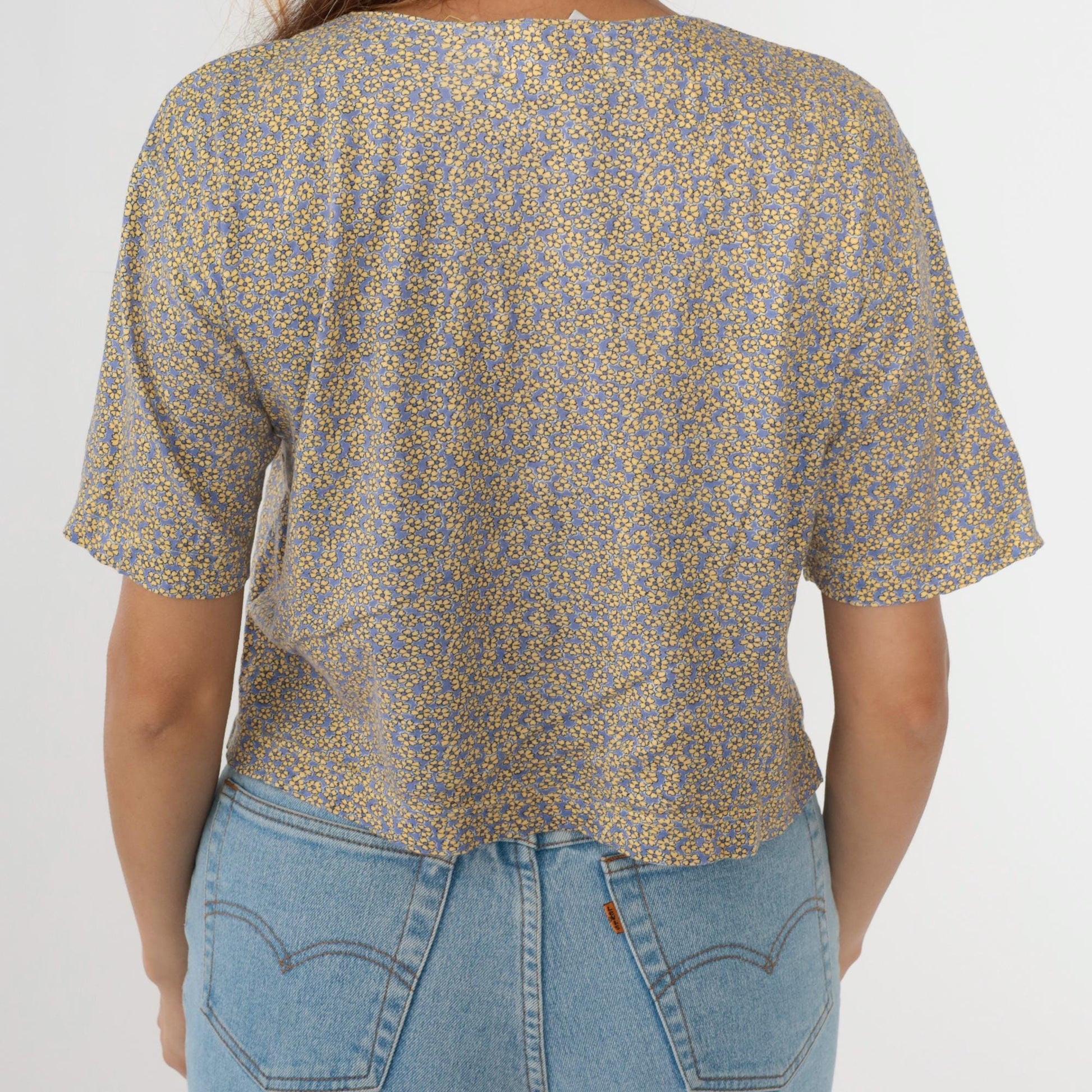 90s Talbots Petites Calico Floral Button-Up Blouse Periwinkle Cotton Small