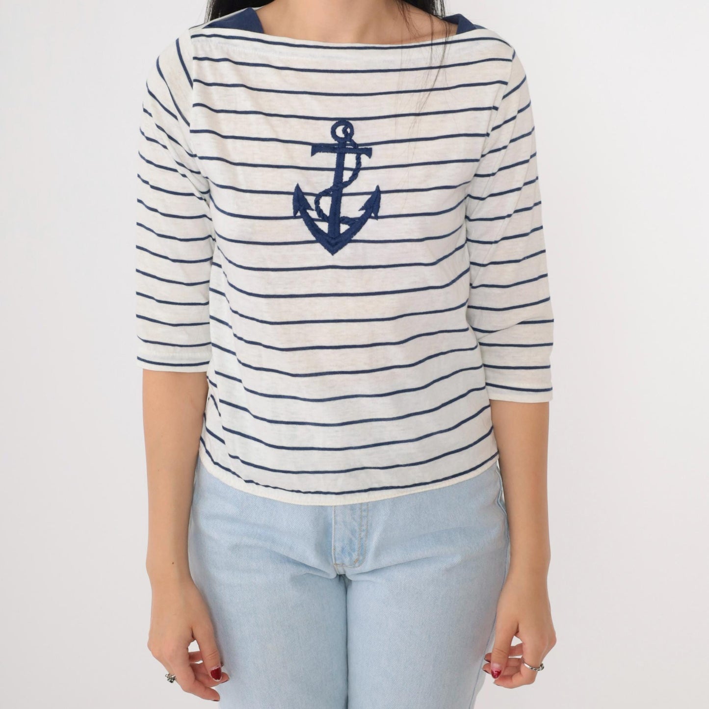 80s Striped Anchor Boatneck T-Shirt White Navy Half Sleeve Small