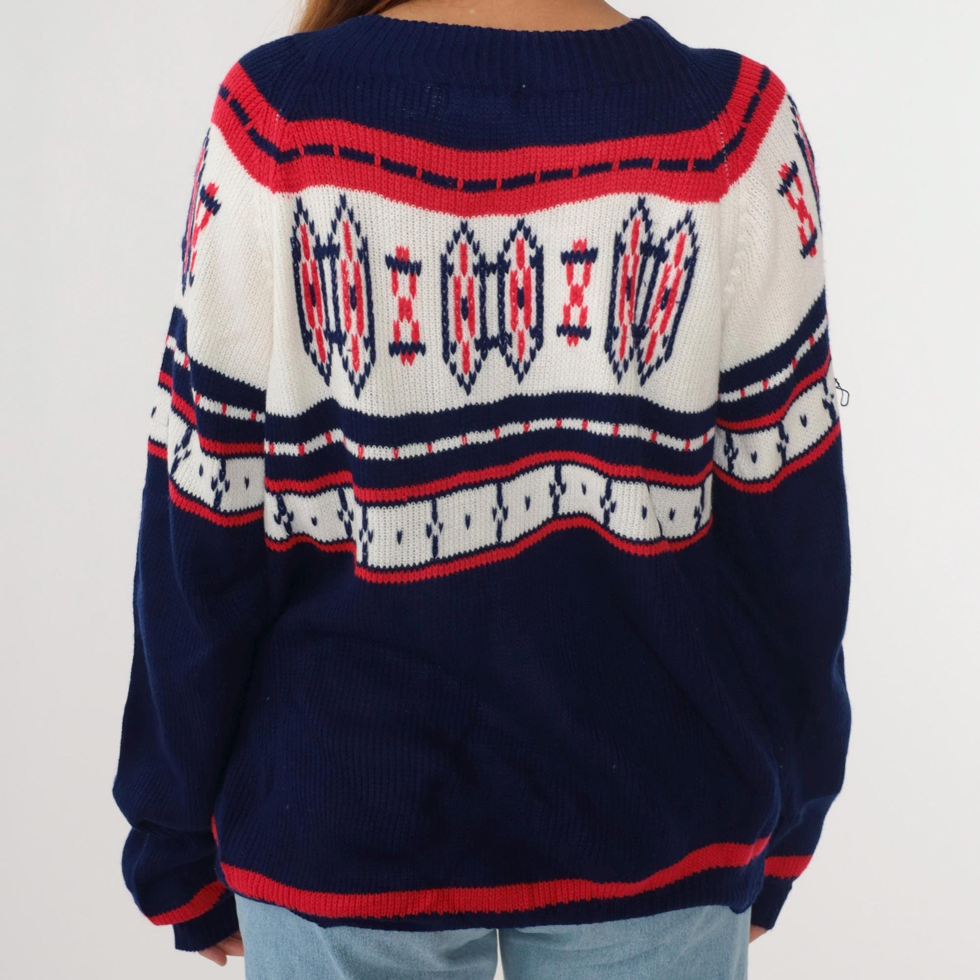 70s Nordic Yoke Sweater Navy Red White Geometric Knit Pullover Medium