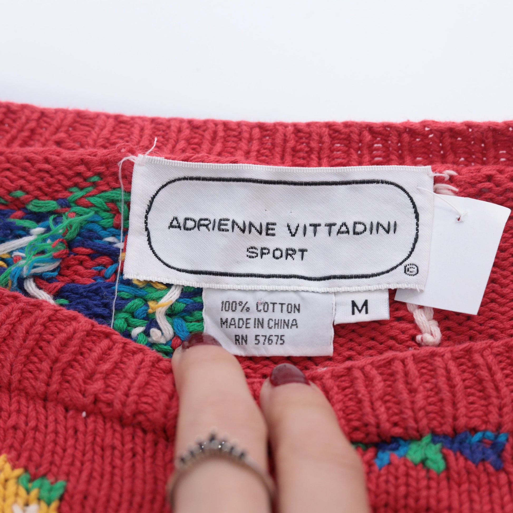 90s Adrienne Cittadini Red Floral Cotton Knit Sweater Crewneck Medium M