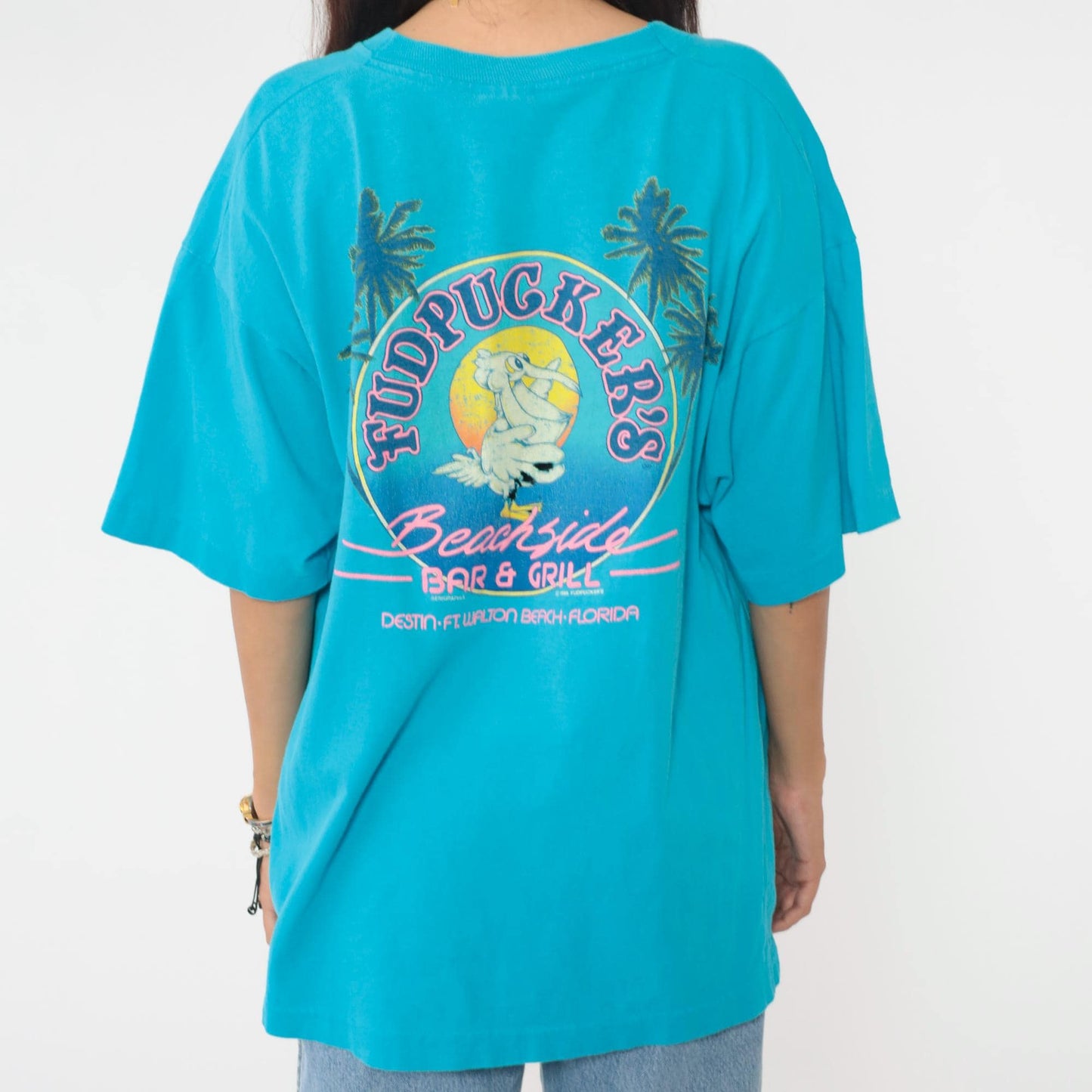 90s Fudpucker's Beachside Bar Grill Turquoise Graphic Tee Pelican Extra Large XL