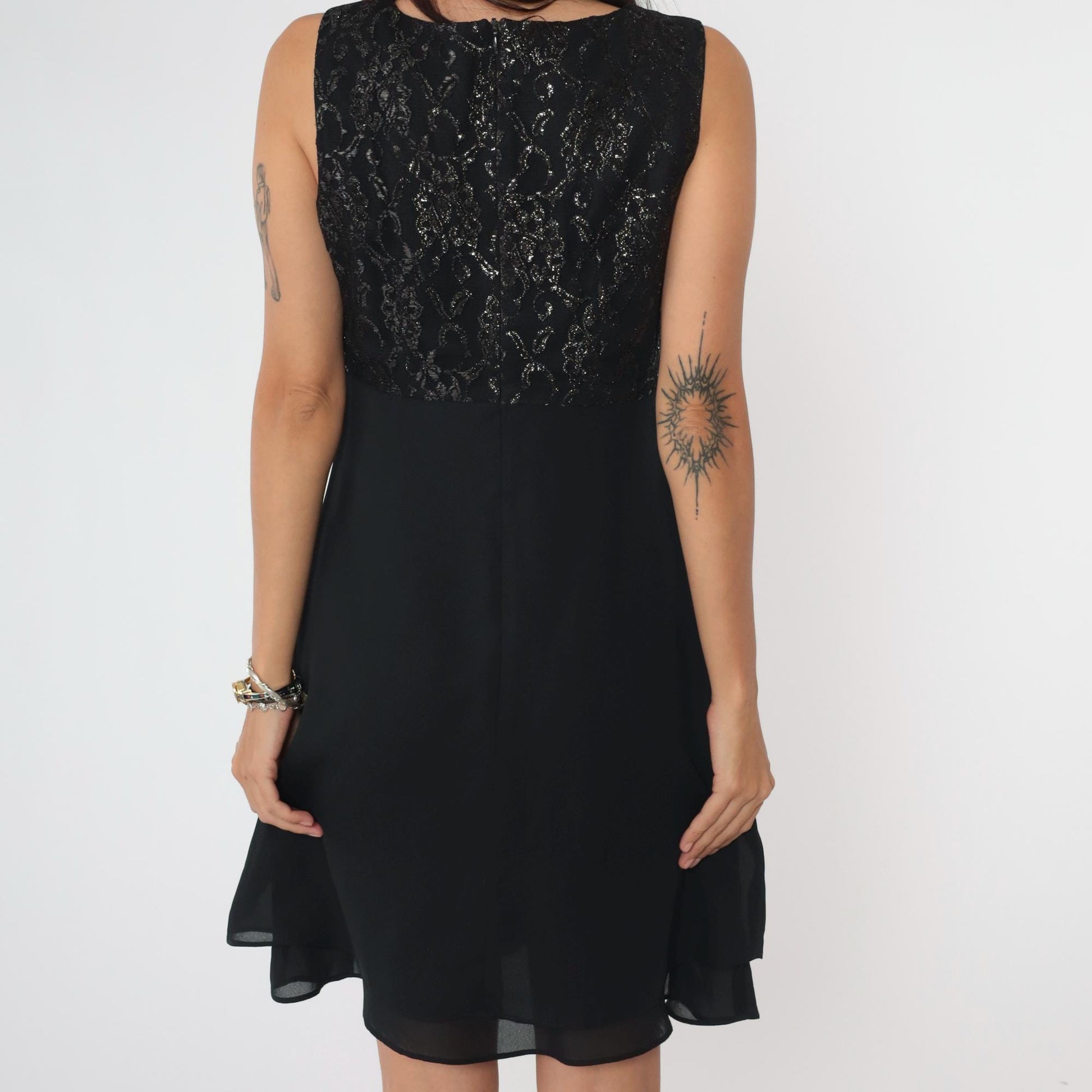 90s Black Lace Mini Dress Metallic Bodice Scoop Neck High Waist Flare Small 6