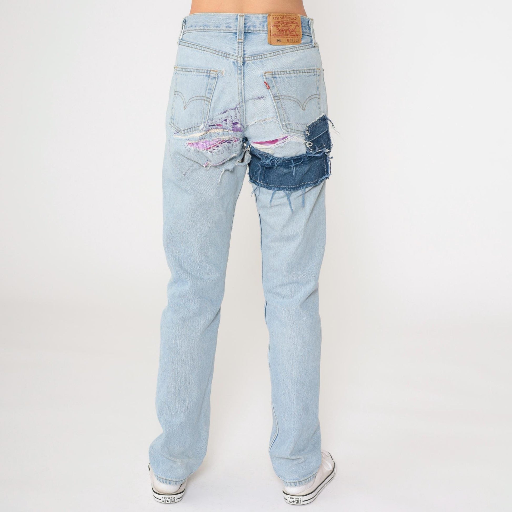 90s Levi's 501 Straight Leg Jeans Blue Distressed Ripped Patches Small W28 L32