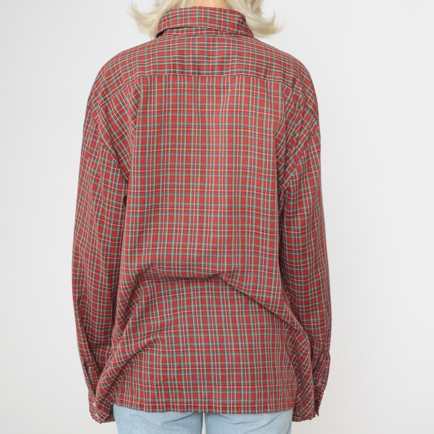 80s Red Plaid Button-Up Shirt Tartan Checkered Long Sleeve Extra Large XL