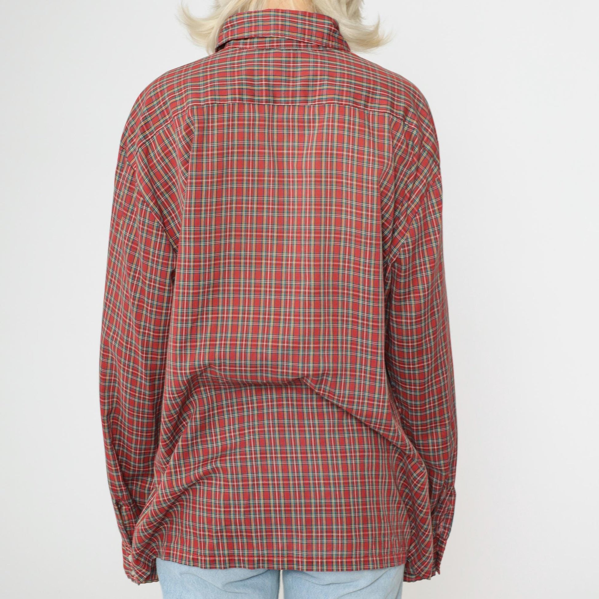80s Red Plaid Button-Up Shirt Tartan Checkered Long Sleeve Extra Large XL