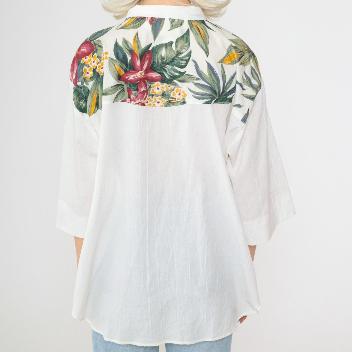 90s Tropical Floral Button Up Shirt White Yoke Pocket 3/4 Sleeve Plus Size XXL