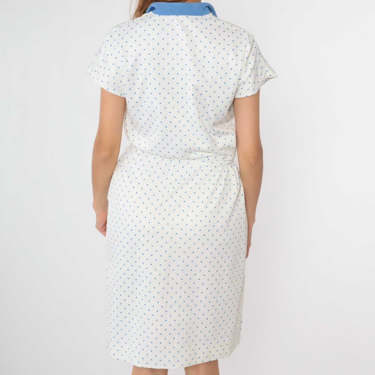 70s White Polka Dot Midi Dress V-Neck High Waist Cap Sleeve Medium Large