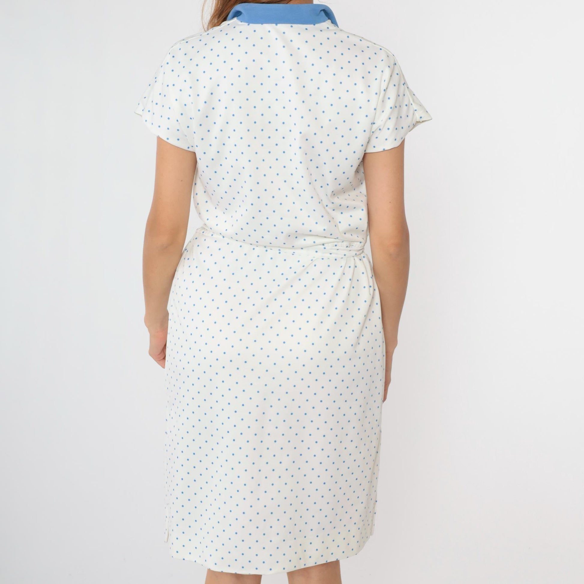70s White Polka Dot Midi Dress V-Neck High Waist Cap Sleeve Medium Large