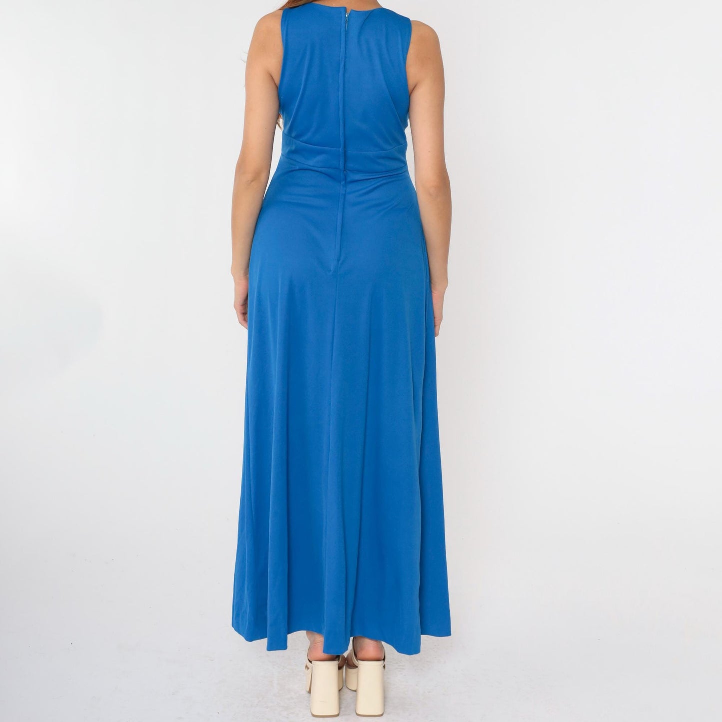 70s Blue Maxi Dress Rhinestone Empire Waist V Neck Sleeveless Small