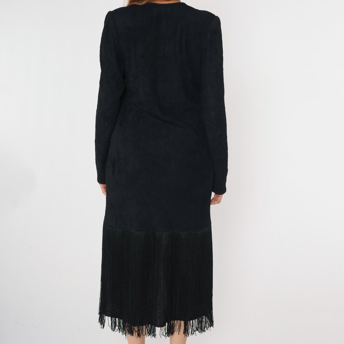 80s Black Fringe Midi Dress V-Neck Long Sleeve Ribbed Sheath Large L