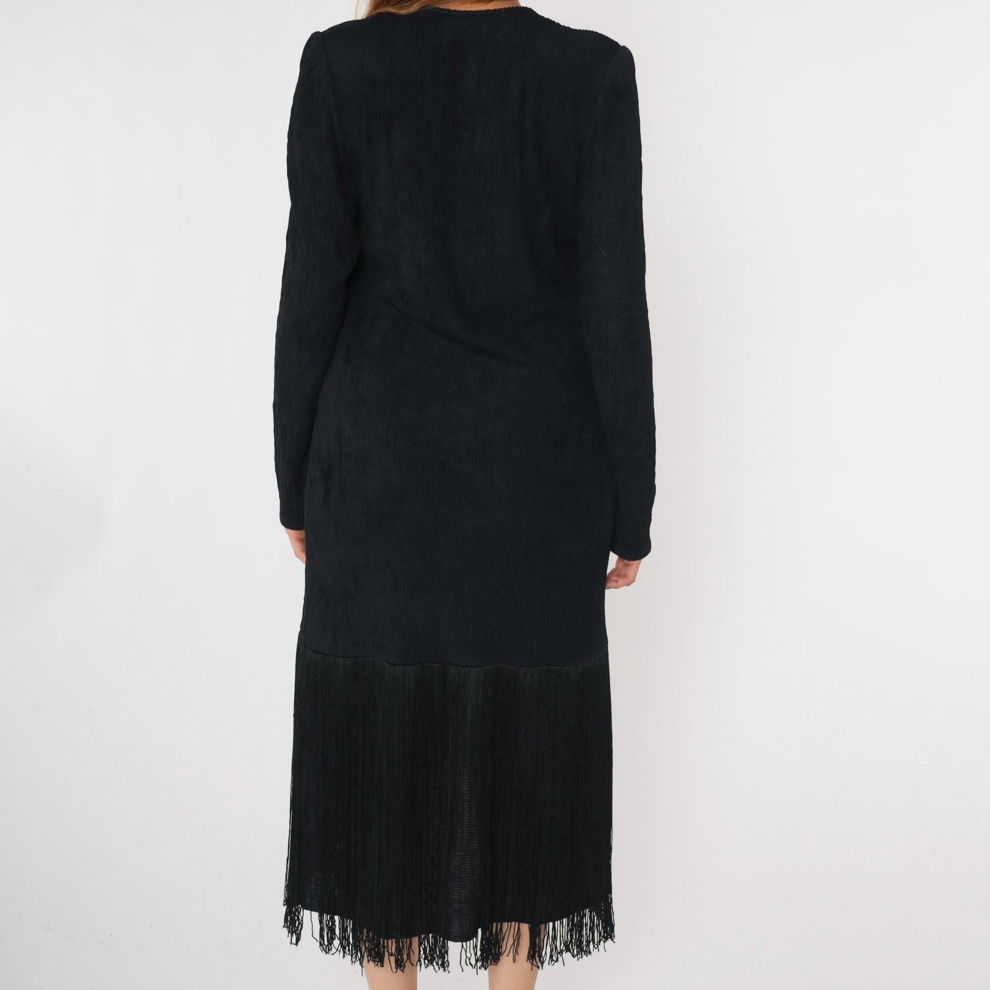 80s Black Fringe Midi Dress V-Neck Long Sleeve Ribbed Sheath Large L