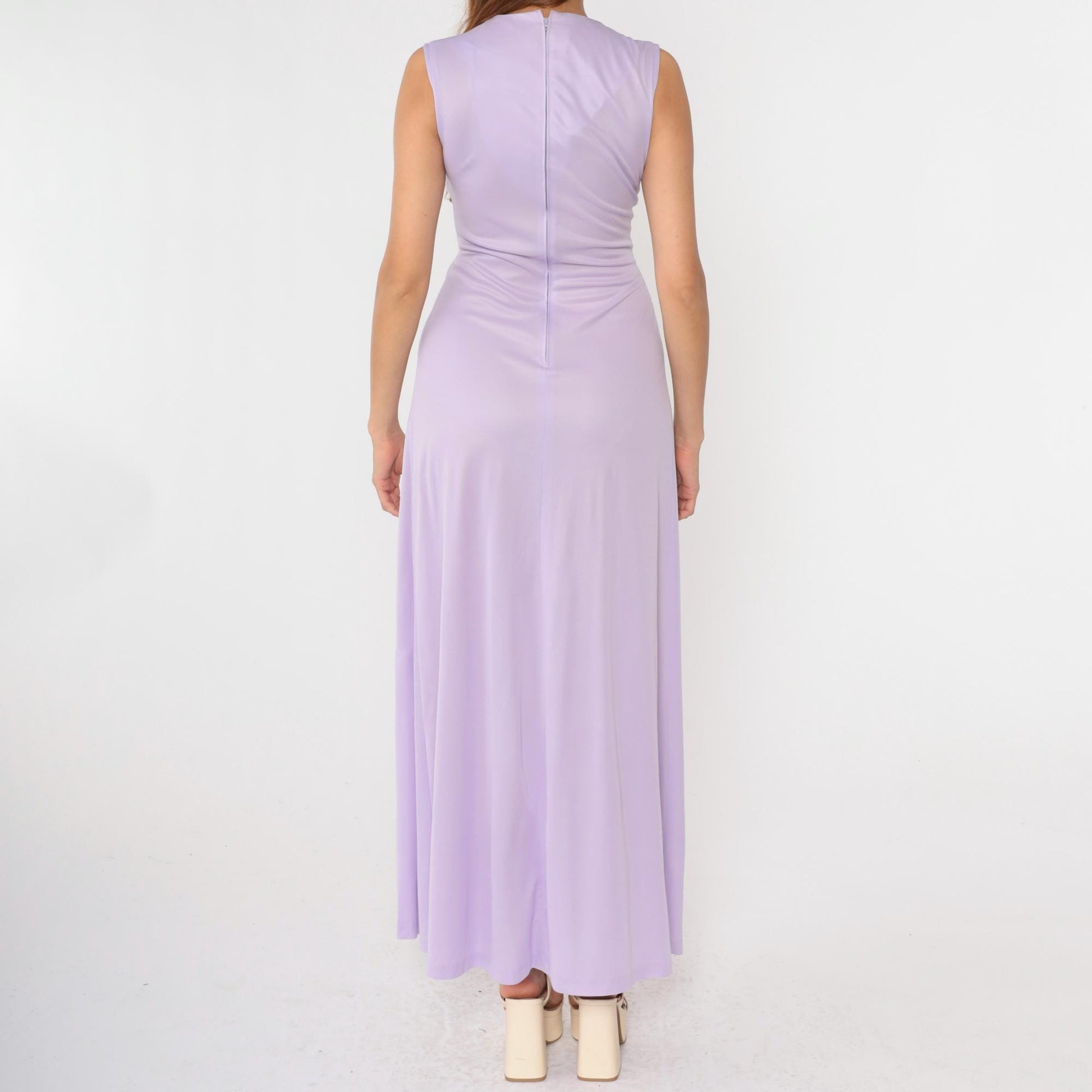 70s Lavender Maxi Dress Rhinestone Butterfly Deep V Sleeveless Small