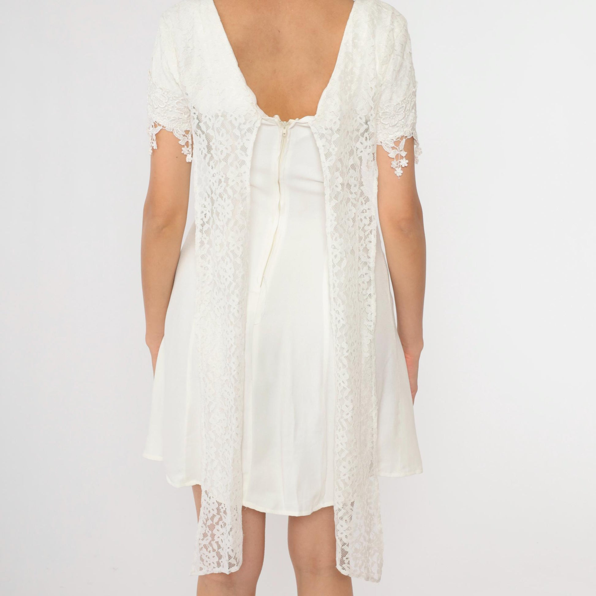 90s White Lace Mini Dress Floral Short Sleeve Bow Back Train Small