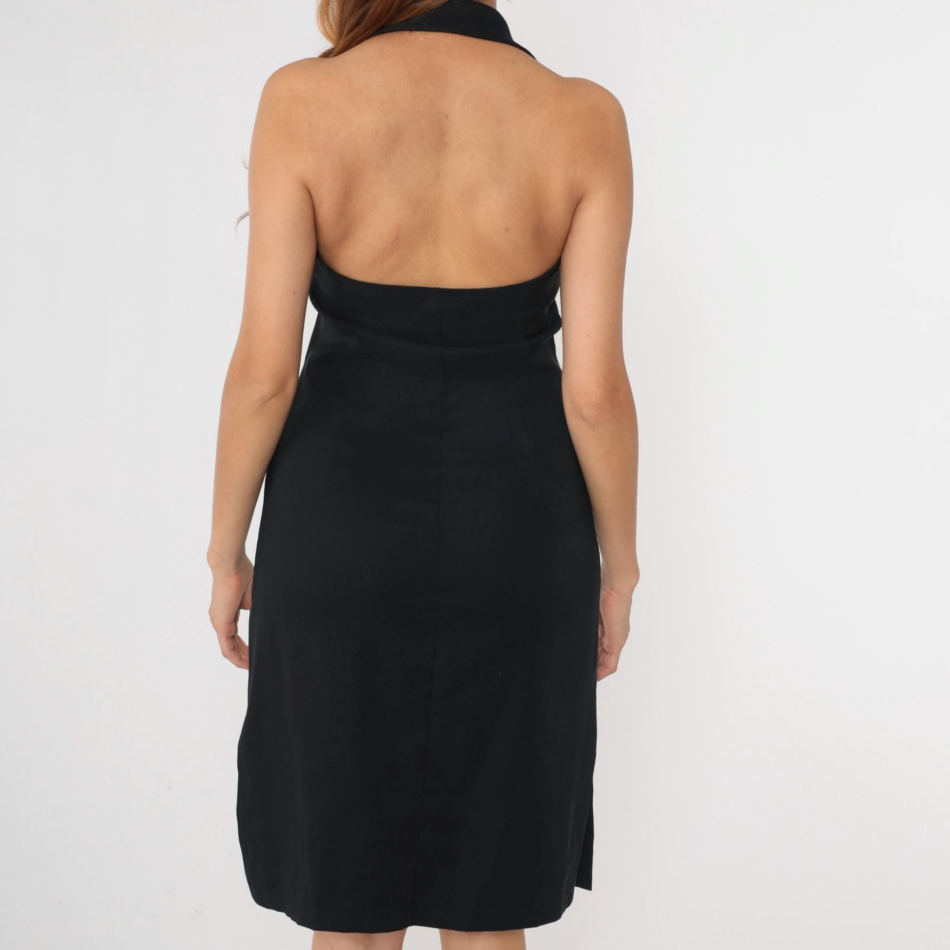 90s Black Halter Sheath Dress Open Back Midi Rampage Size 9