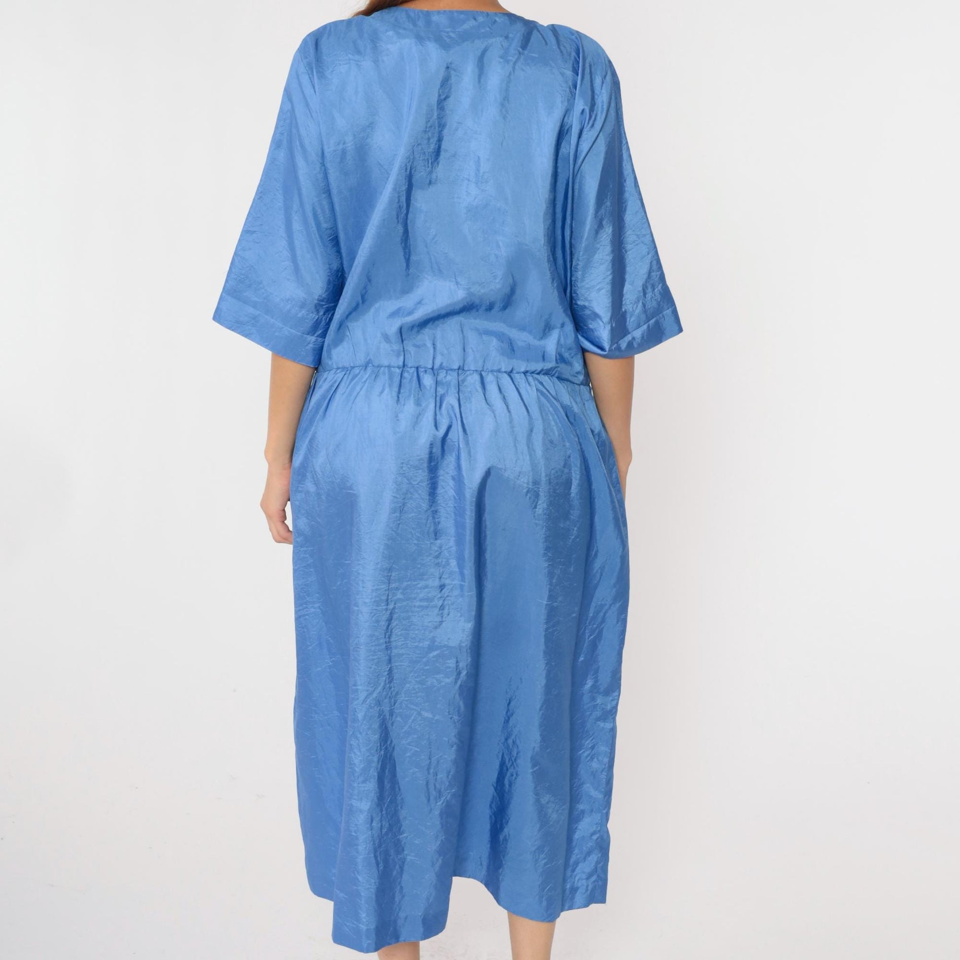 80s Ms Chaus Blue Shiny Midi Shirtdress High Waisted Button Up Medium Large