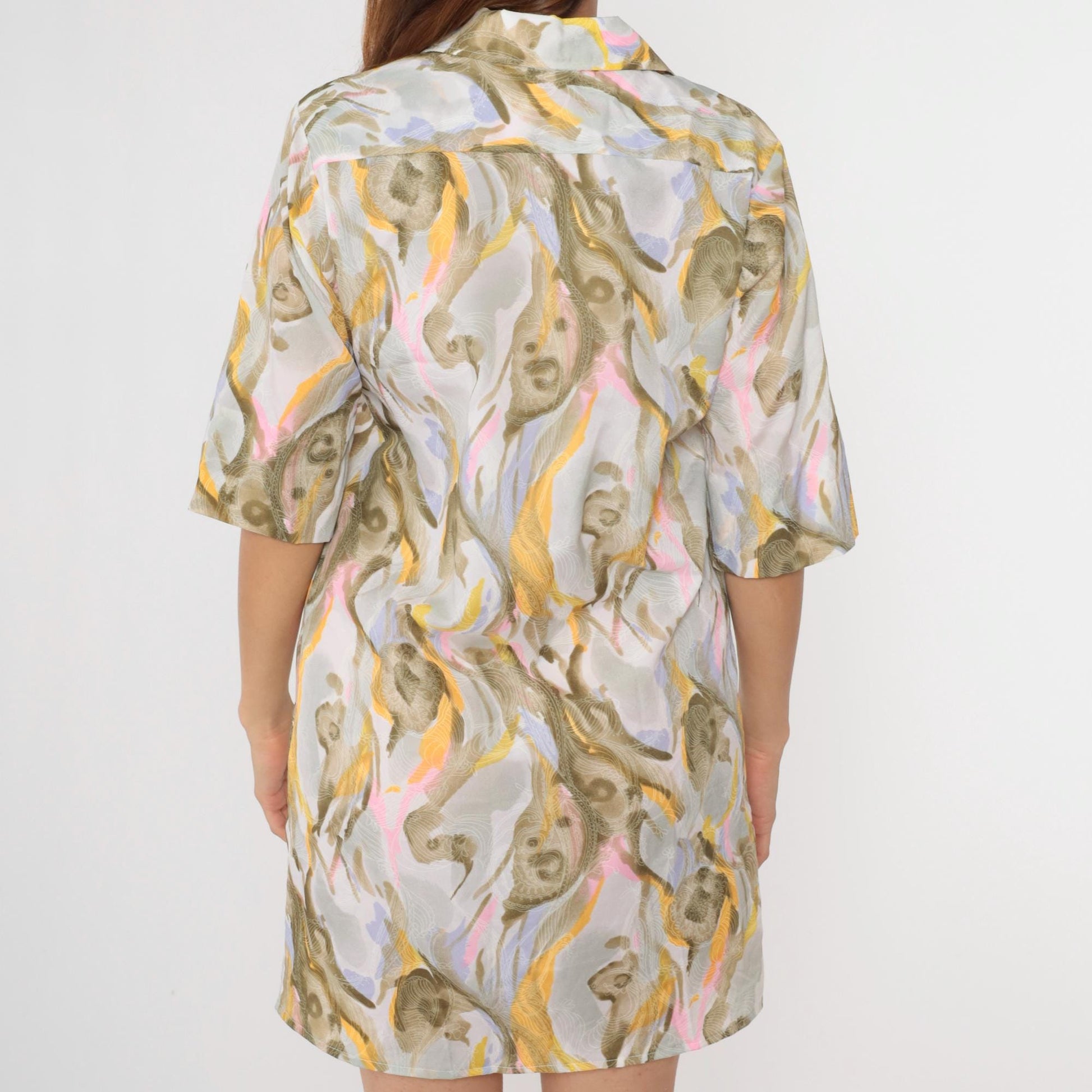 70s Lady Bayard Paisley Watercolor Mini Shirtdress Half Sleeve Grey Pink Yellow Medium