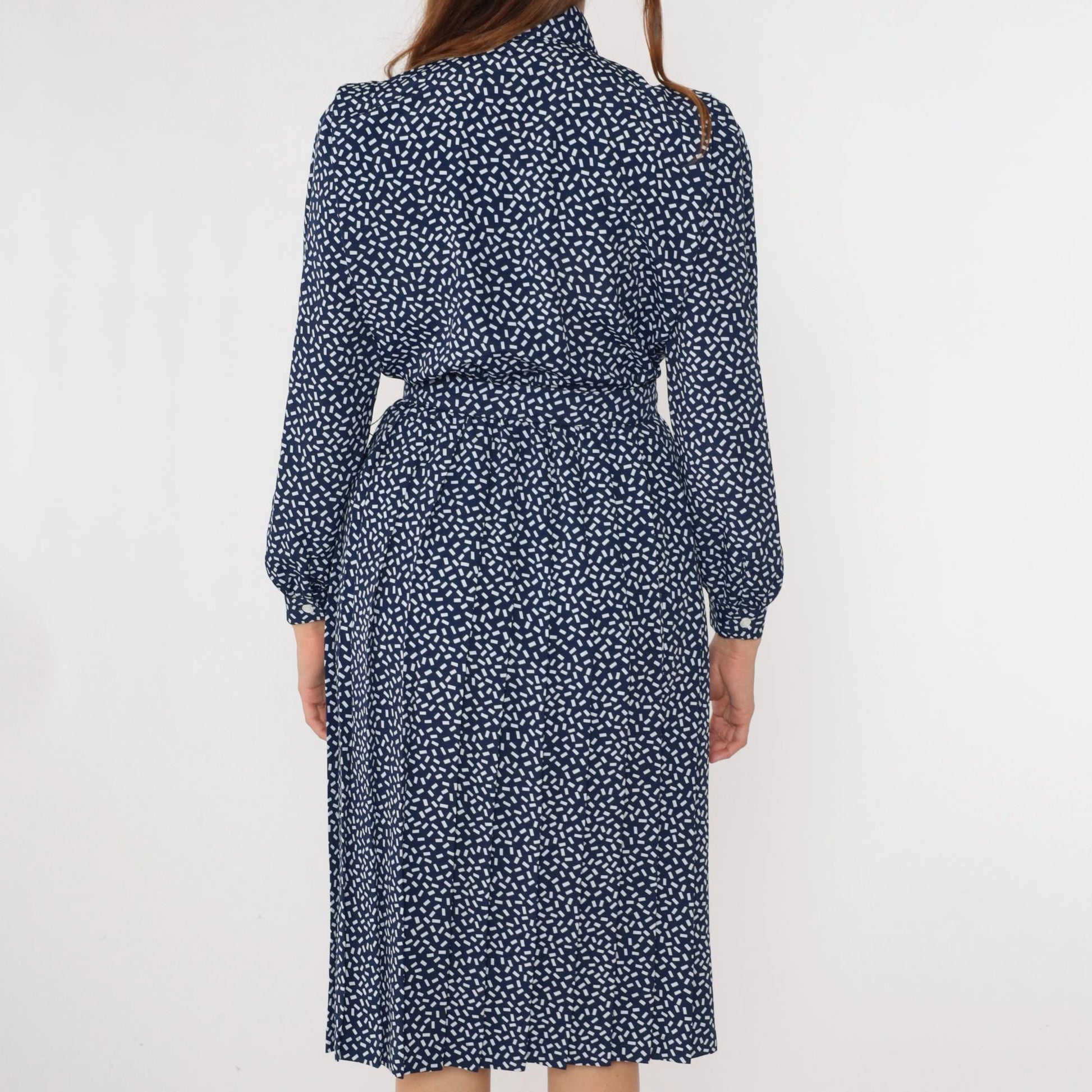 80s Appleseed's Petite Shirtdress Confetti Print Midi Dark Blue White