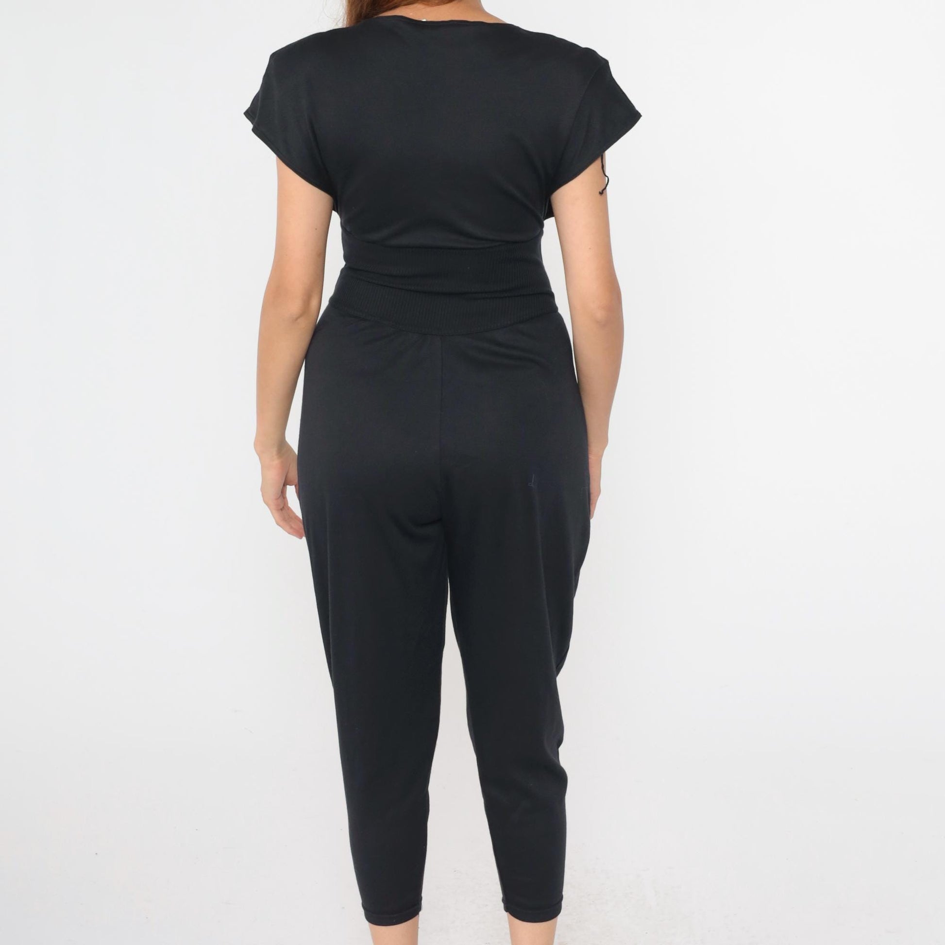 80s Black Button-Up Jumpsuit High Waist Dolman Sleeve Cropped Tapered Small