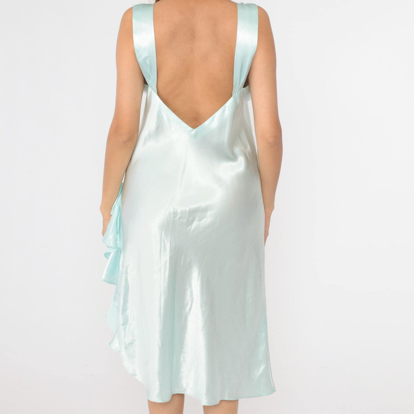 00s Victoria's Secret Ice Blue Satin Slip Dress Midi Ruffled Slit Large L