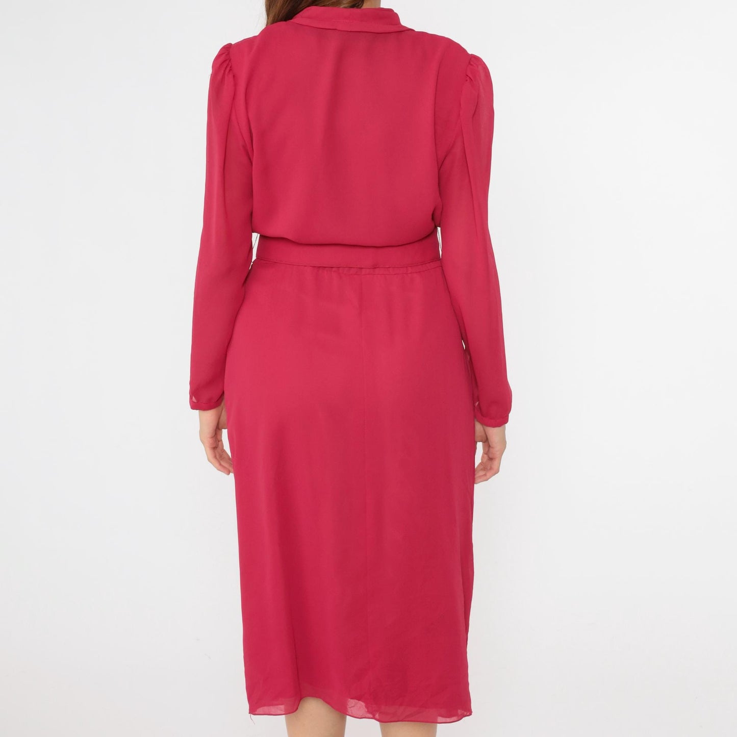 80s Miss Elliette Fuchsia Chiffon Midi Dress Puff Sleeve High Waist Medium