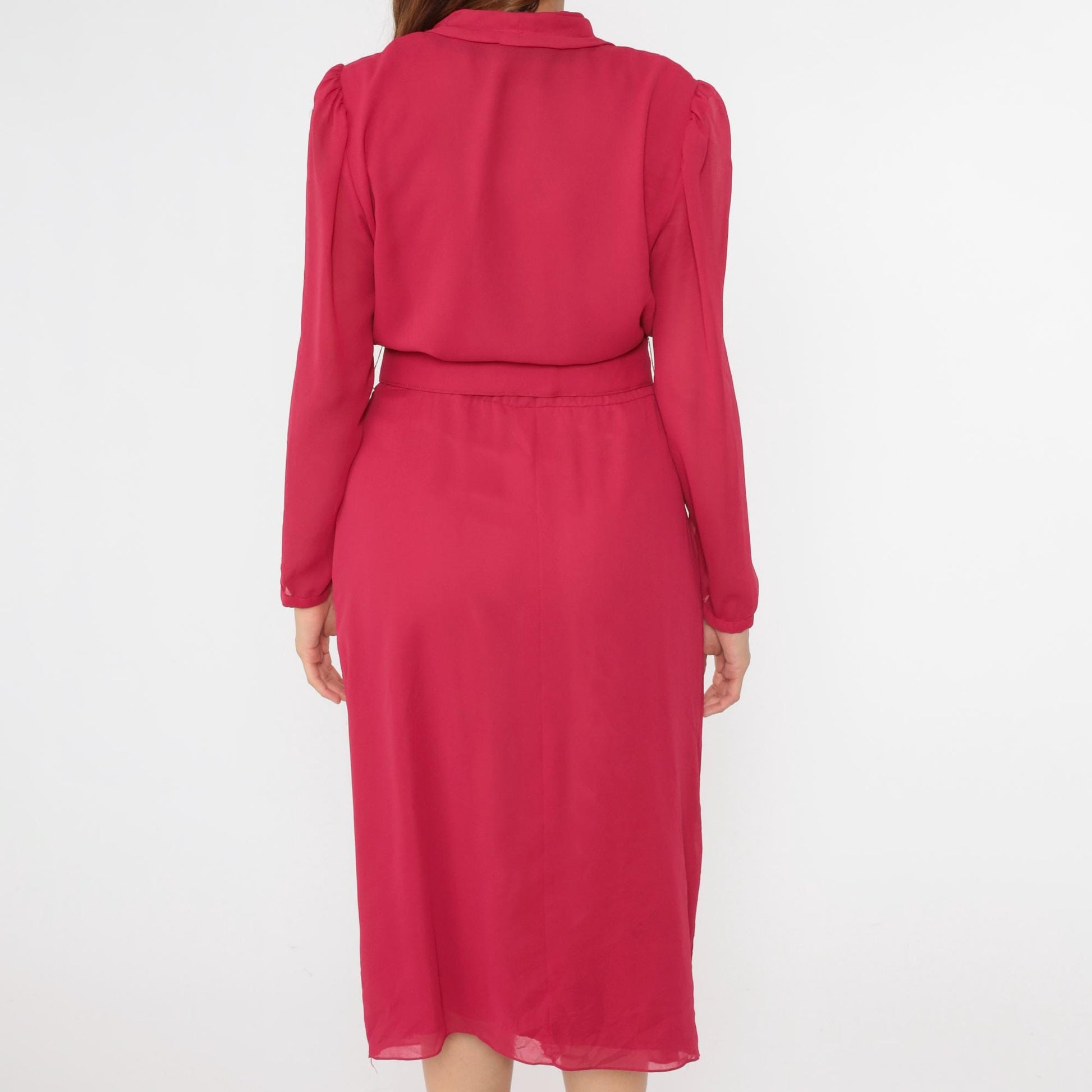 80s Miss Elliette Fuchsia Chiffon Midi Dress Puff Sleeve High Waist Medium