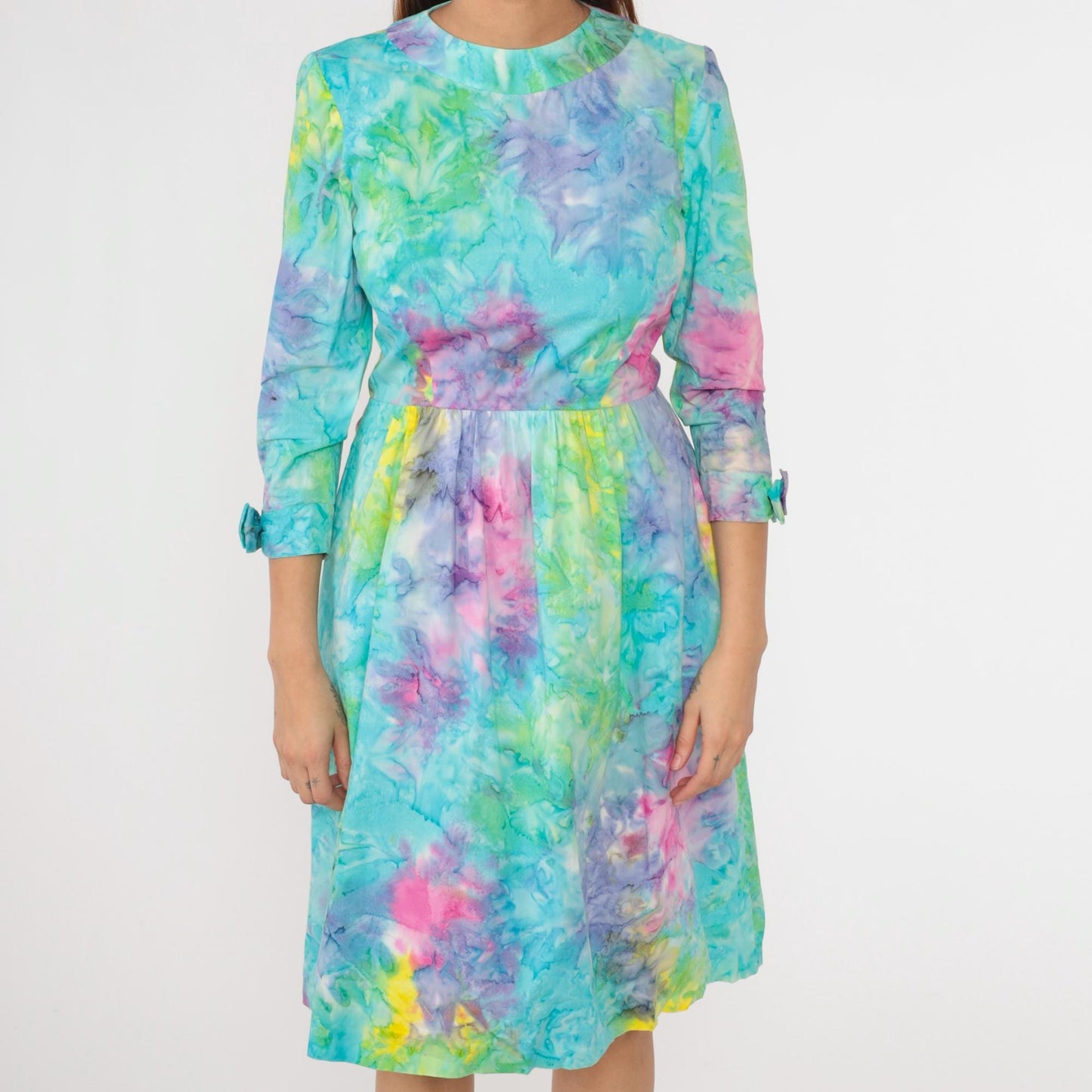 70s Tie Dye Dress High Waist Bow 3/4 Sleeve Midi Blue Green Pink Small