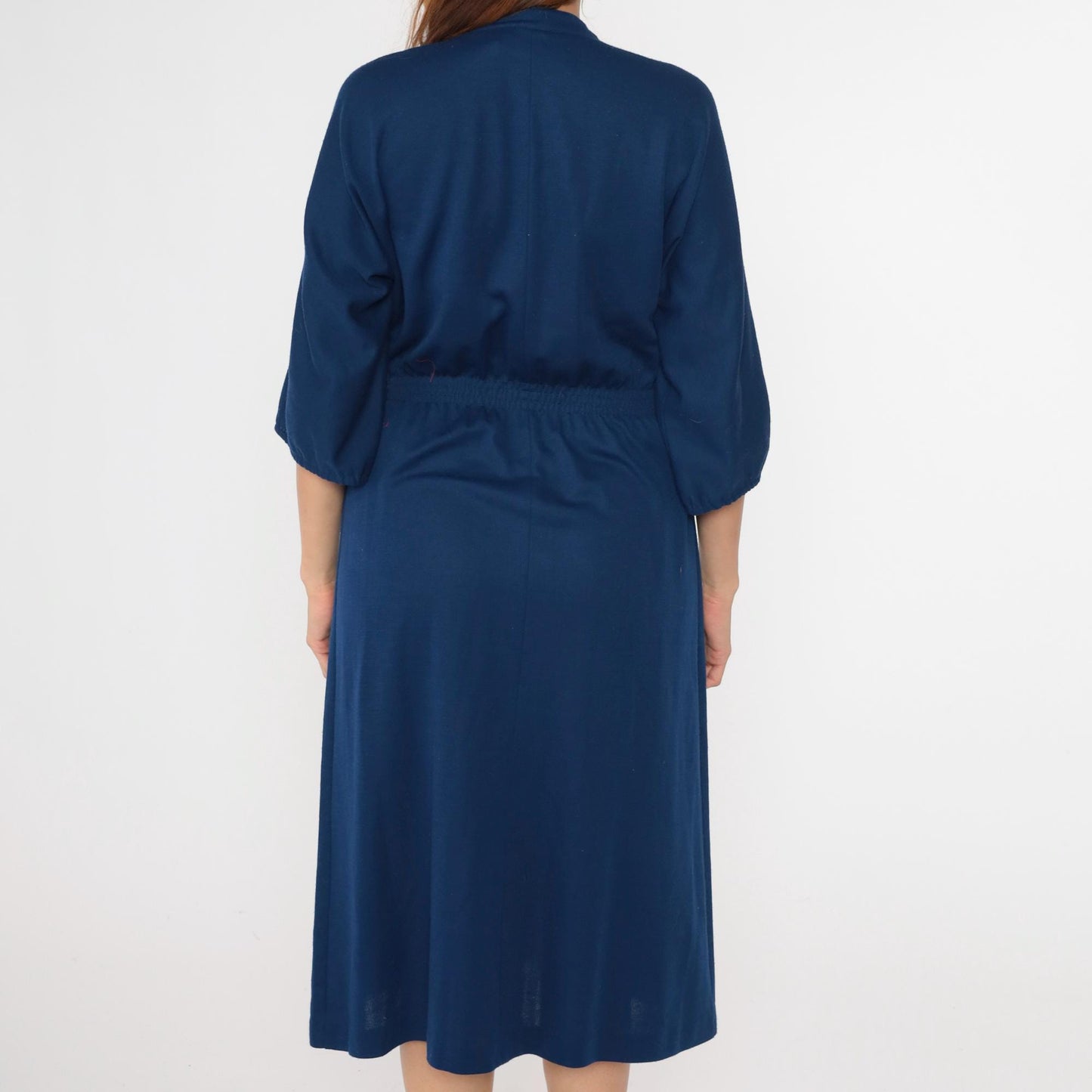 80s Leslie Fay Navy Mandarin Collar Shirtdress Midi Button-Up Small