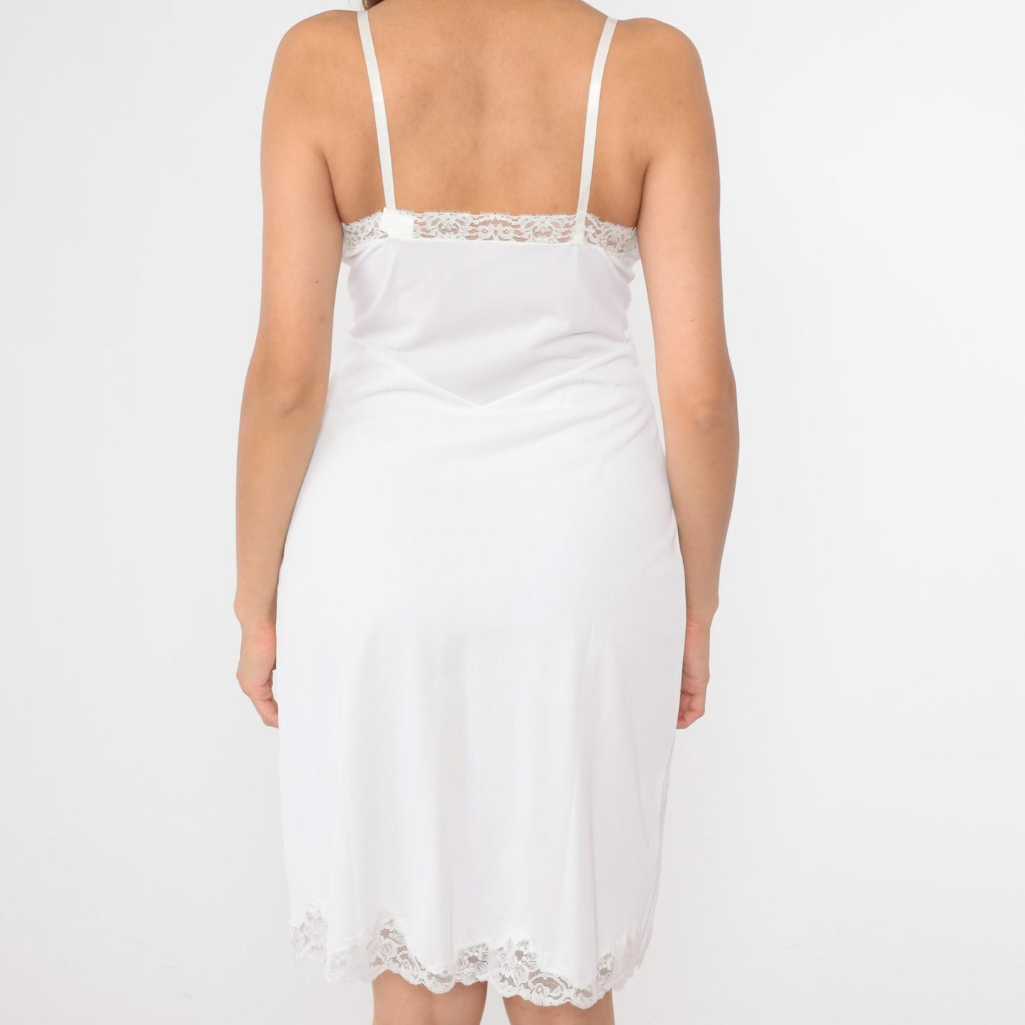 80s White Nylon Slip Dress Lace Trim Empire Waist Spaghetti Strap Knee Length Medium