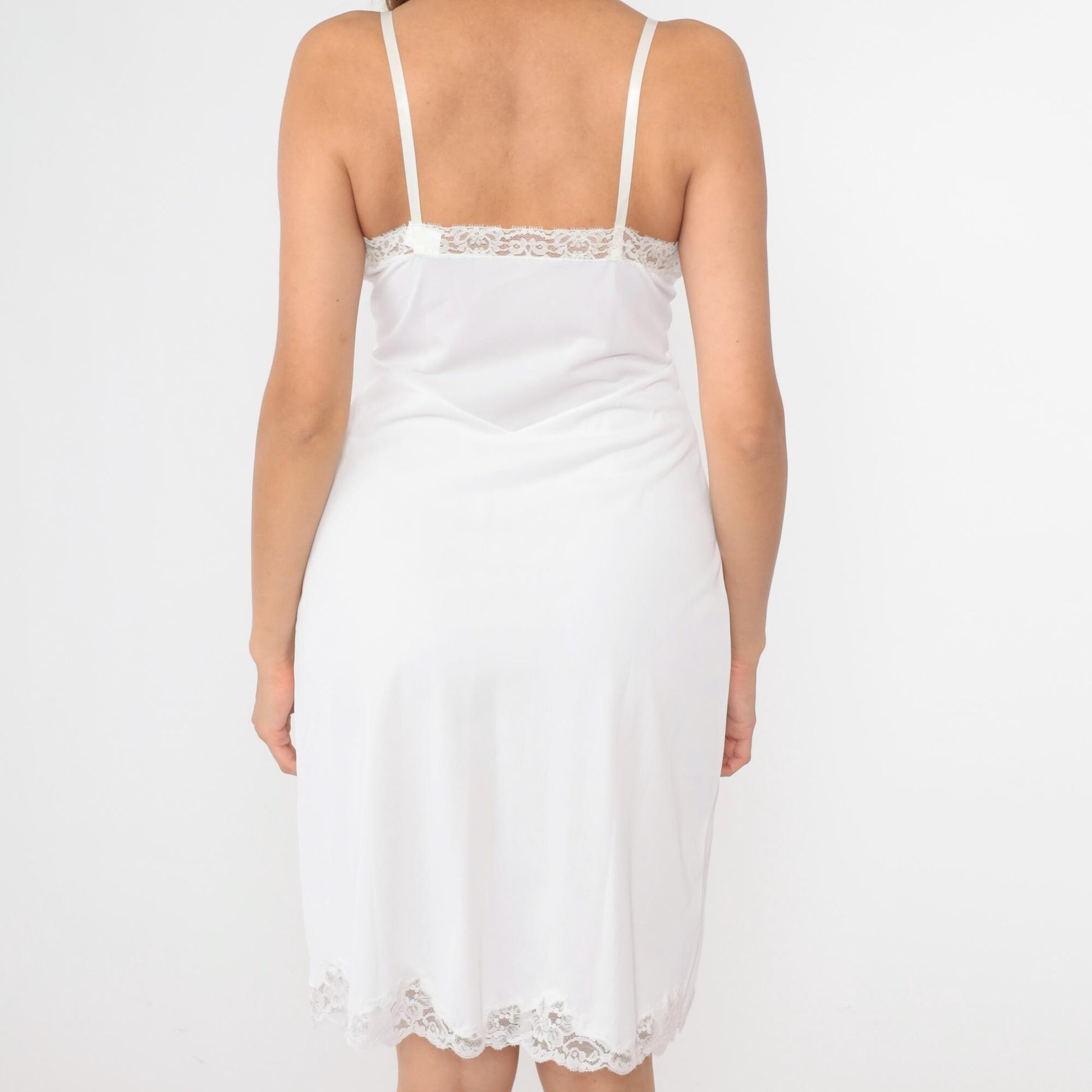 80s White Nylon Slip Dress Lace Trim Empire Waist Spaghetti Strap Knee Length Medium