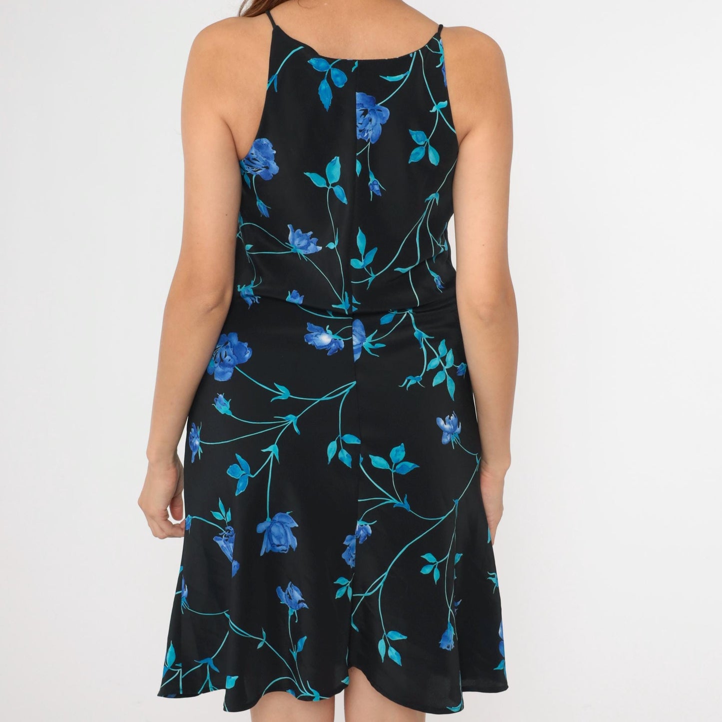 90s Black Floral Mini Dress Spaghetti Strap Shift Racerback Sleeveless Medium