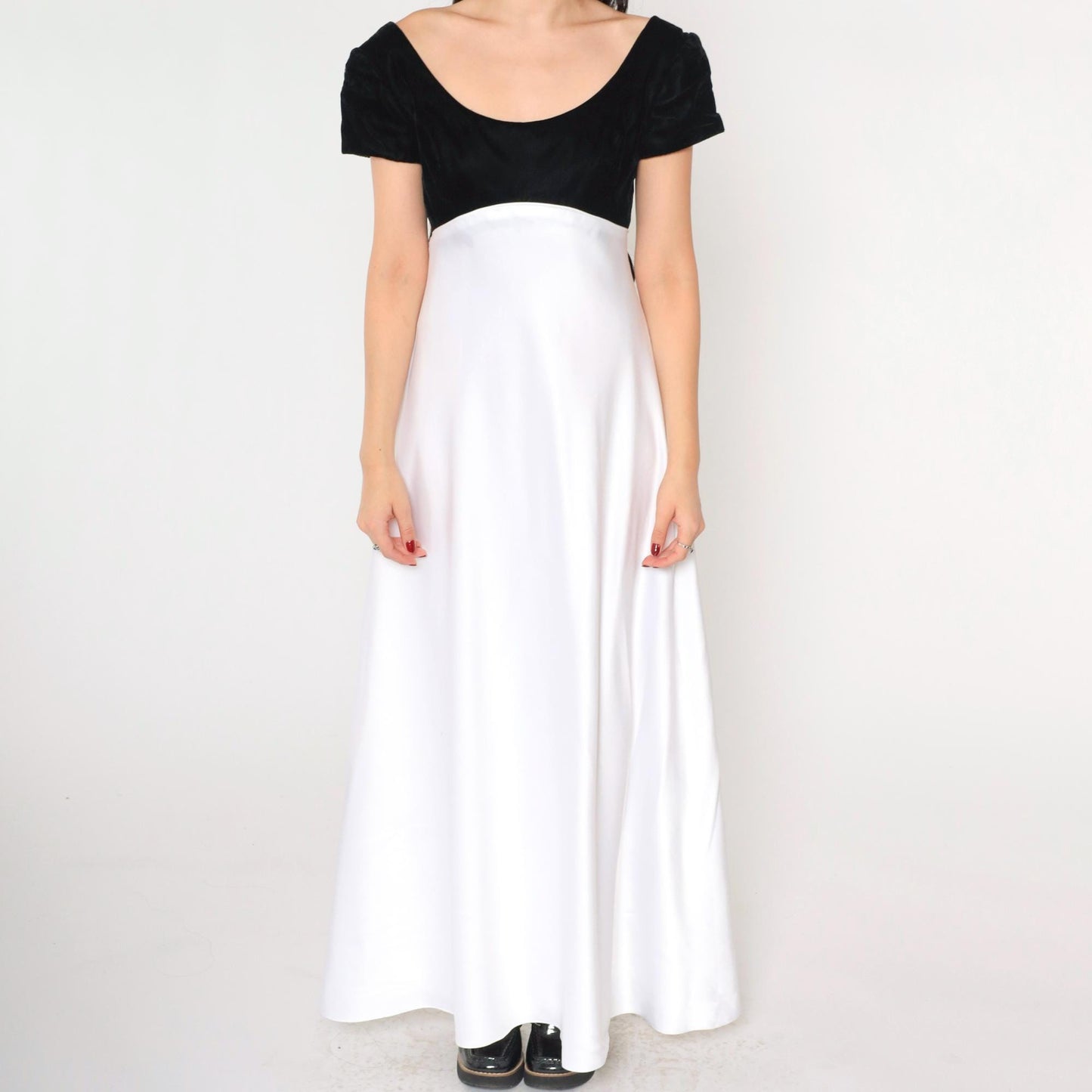 90s Jim Hjelm Black Velvet White Satin Maxi Dress Empire Waist Small 6