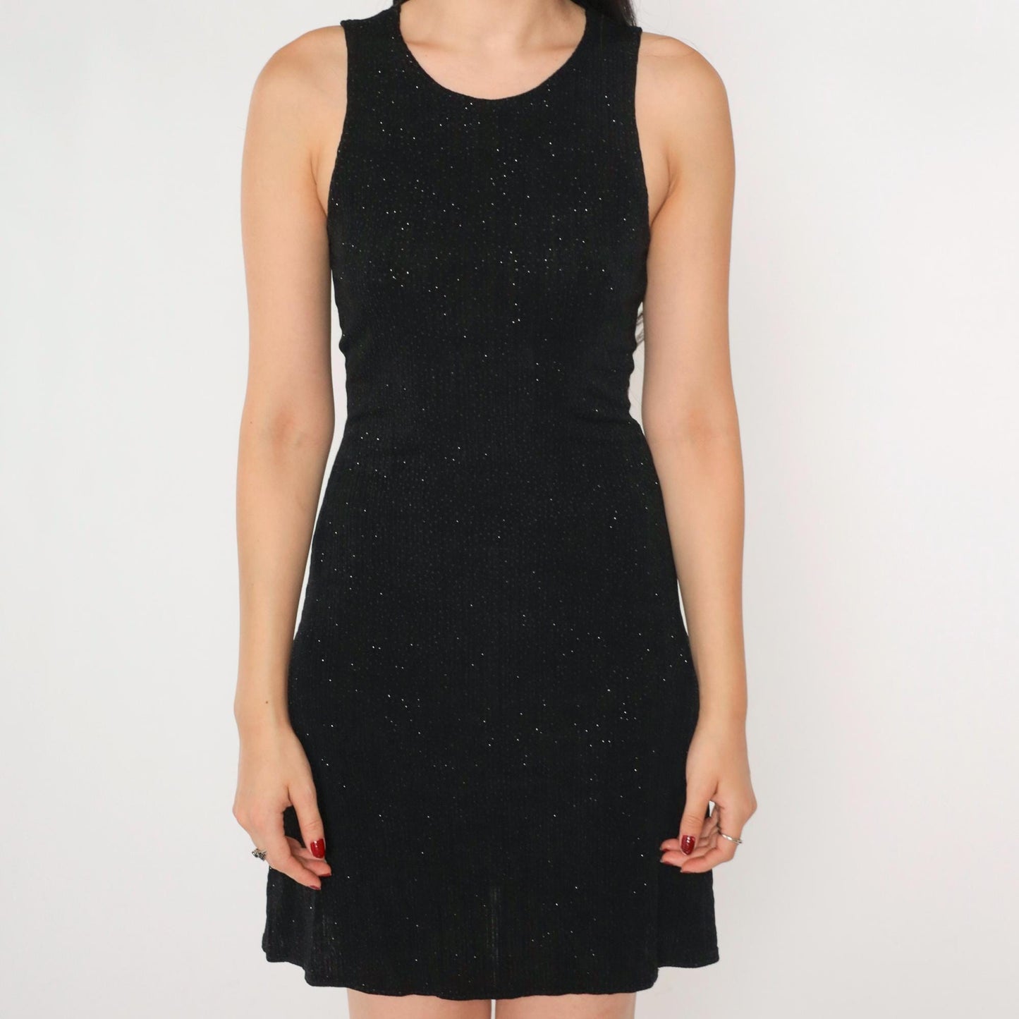 90s Black Metallic Sparkle Mini Bodycon Dress Sleeveless Small