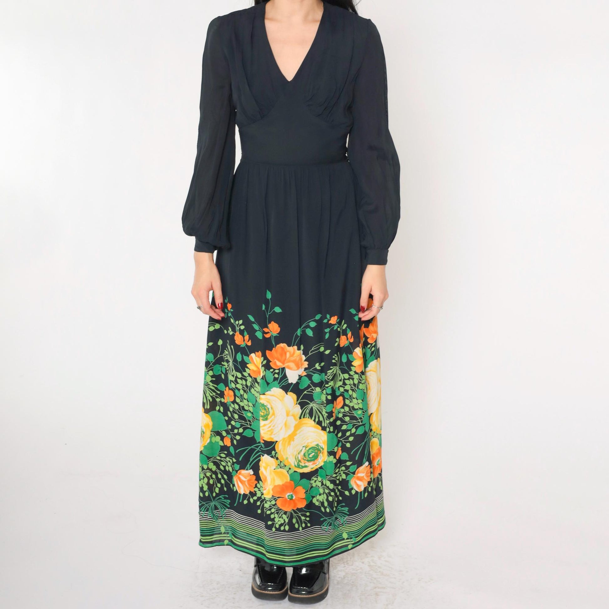 70s Vera Mont Paris Black Floral Maxi Dress V-Neck High Waist Small