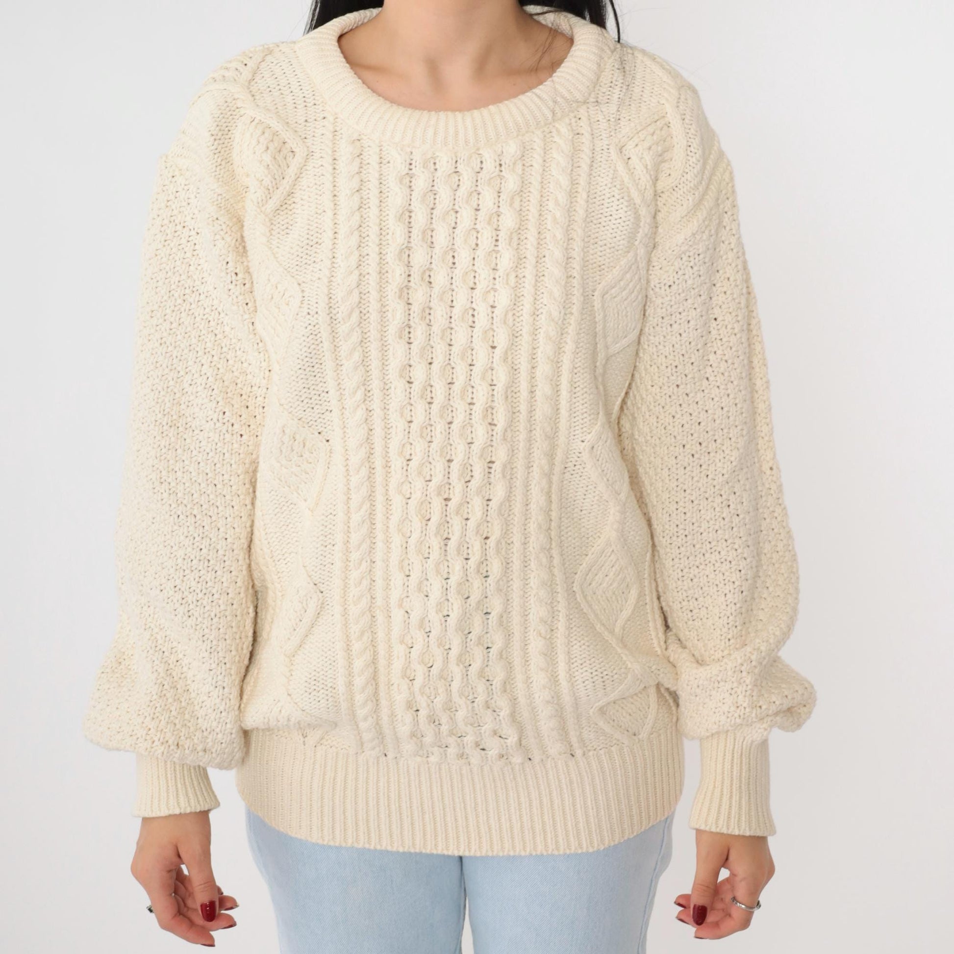 90s American Eagle Outfitters Cable Knit Sweater Cream Diamond Crewneck Extra Large