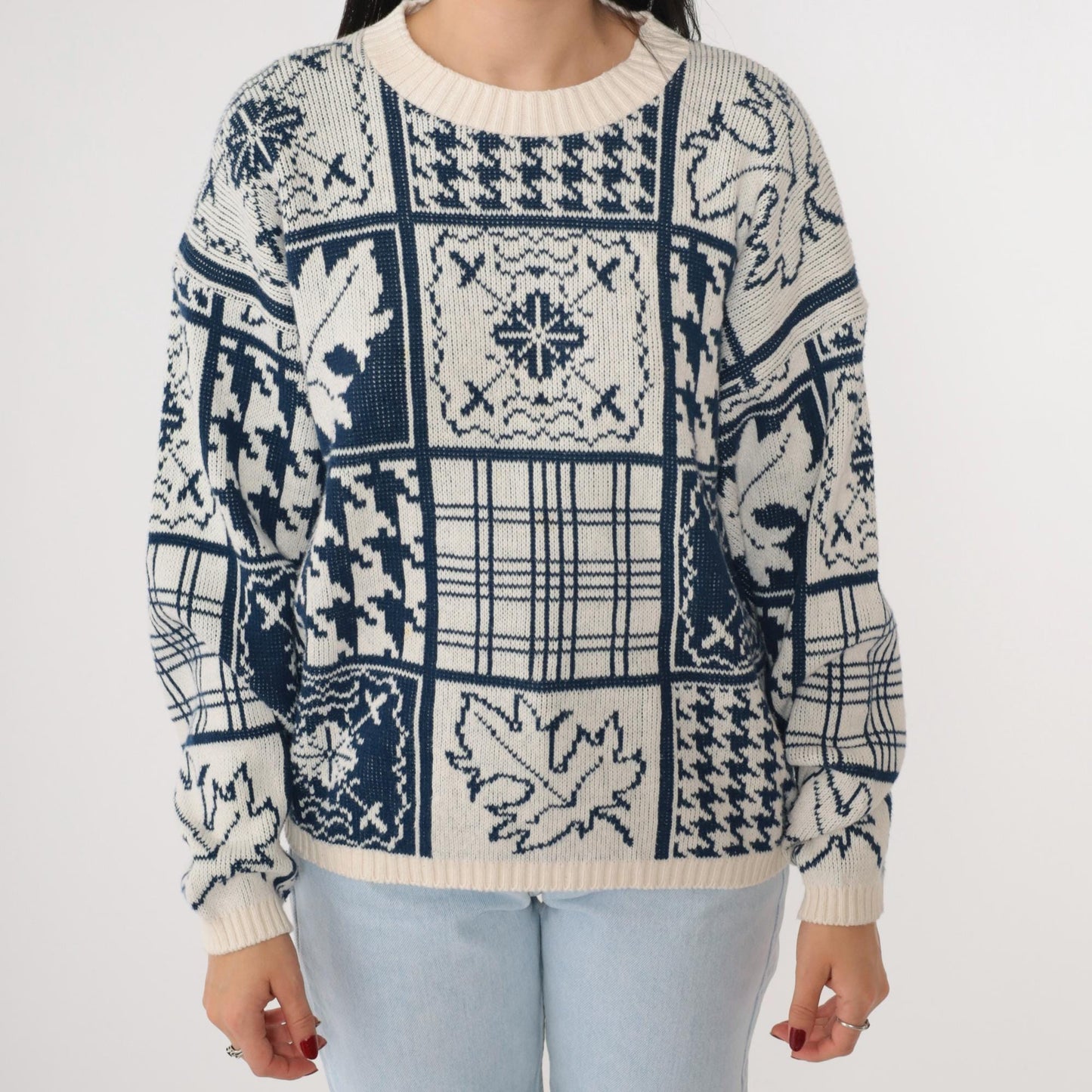90s Cabin Creek Patchwork Knit Sweater Houndstooth Checkered Crewneck Medium