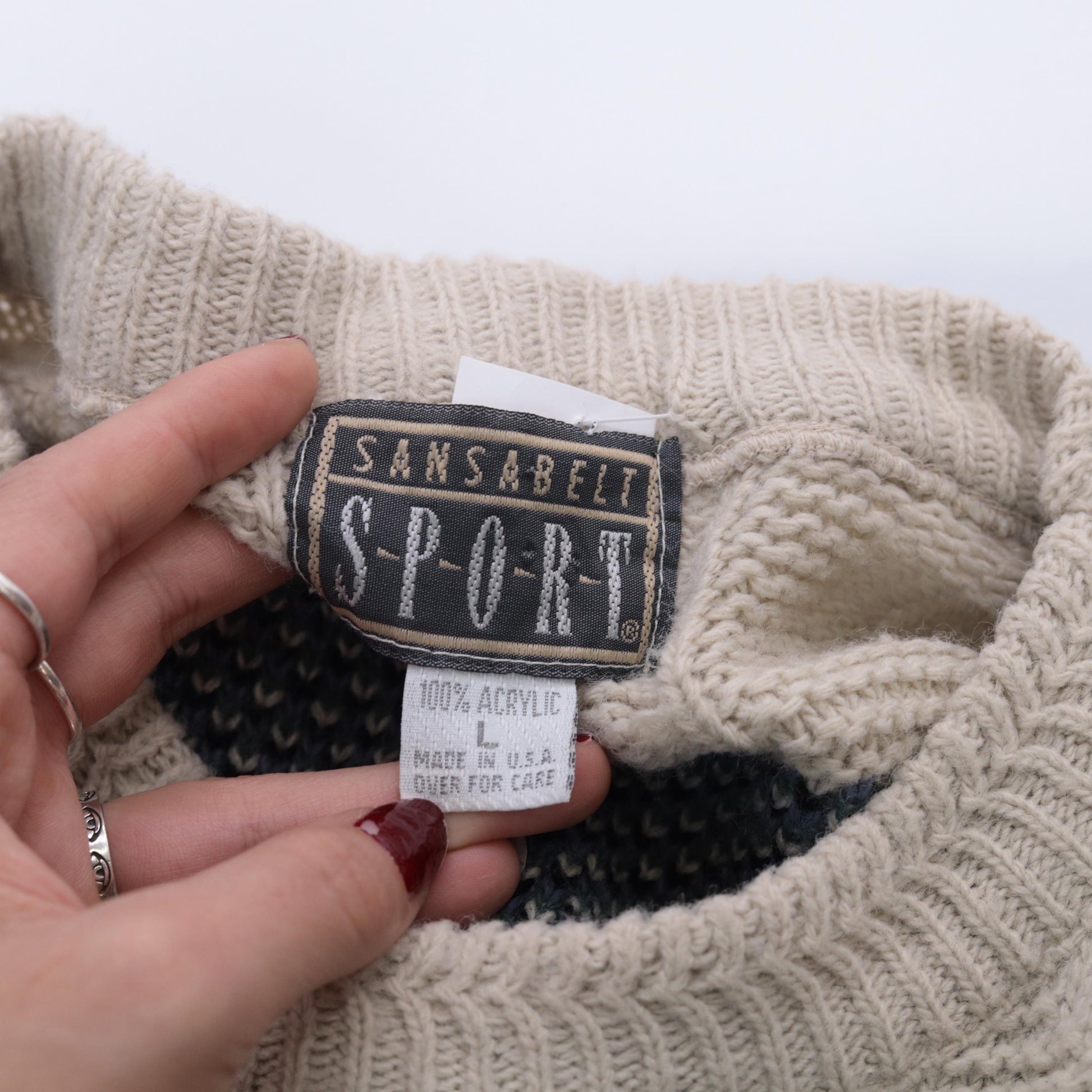90s Beige Geometric Cable Knit Crewneck Sweater Jacquard Pullover Large L